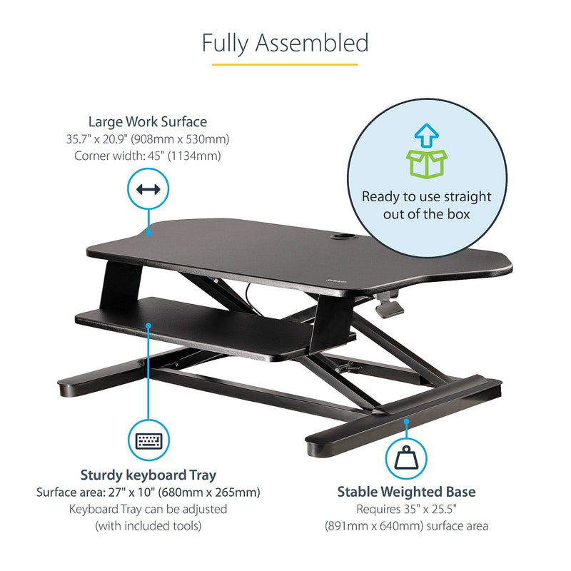 StarTech Adjustable Large Surface Corner Sit Stand Desk Converter for Dual Monitors, Keyboard Tray, 35" x 21" (ARMSTSCORNR)