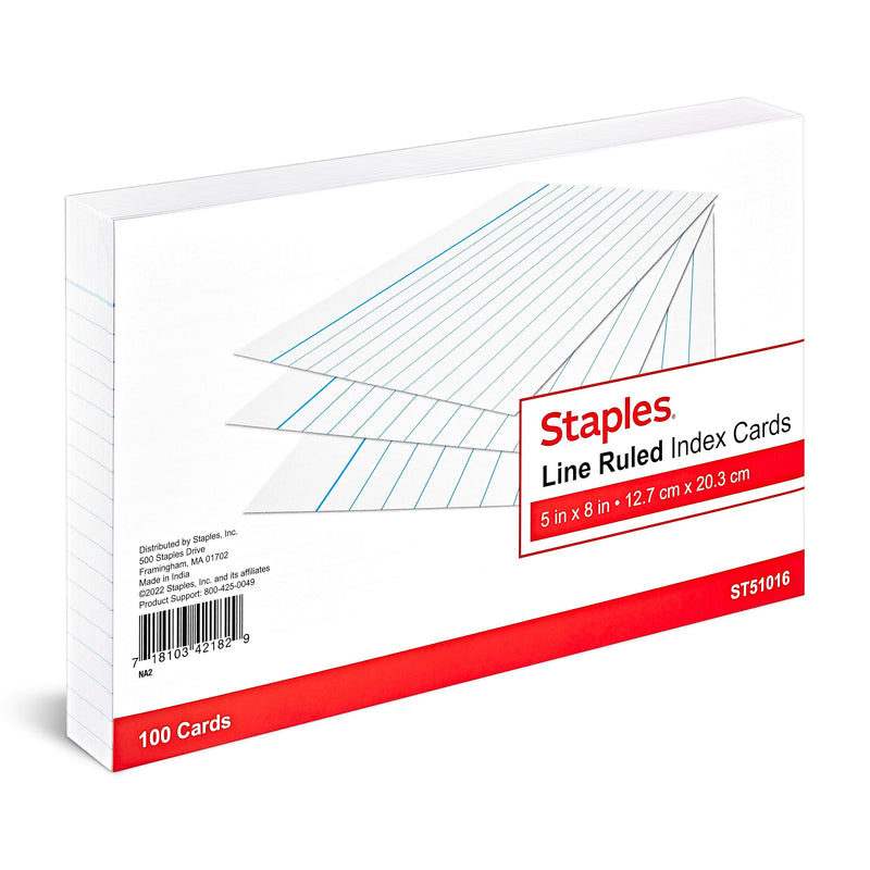 Staples® Lined Index Cards, 5" x 8", White, 100 Cards/Pack (ST51016-CC)