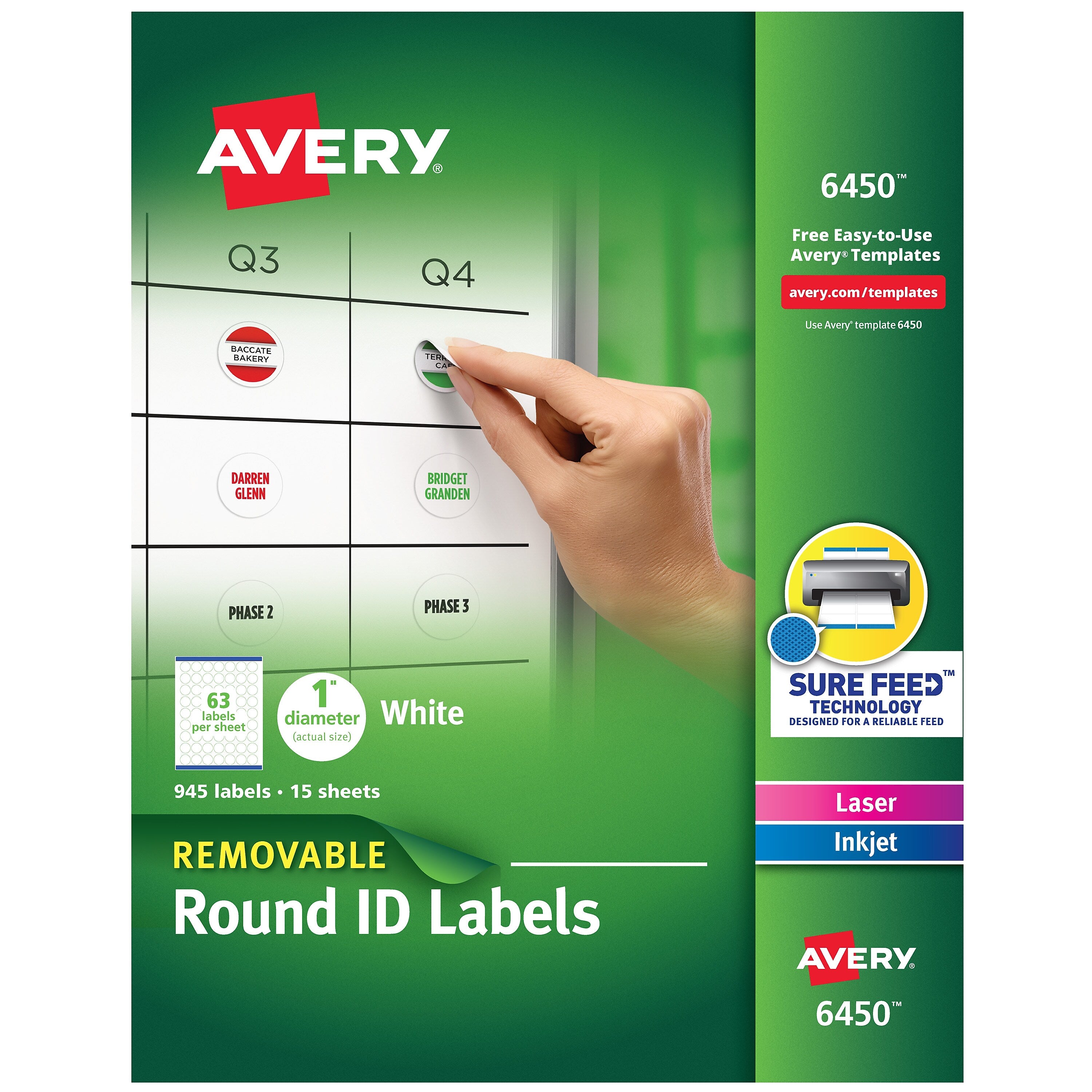 Avery Sure Feed Laser/Inkjet Multipurpose Labels, 1" Dia, White, 945 Labels/Pack (6450)