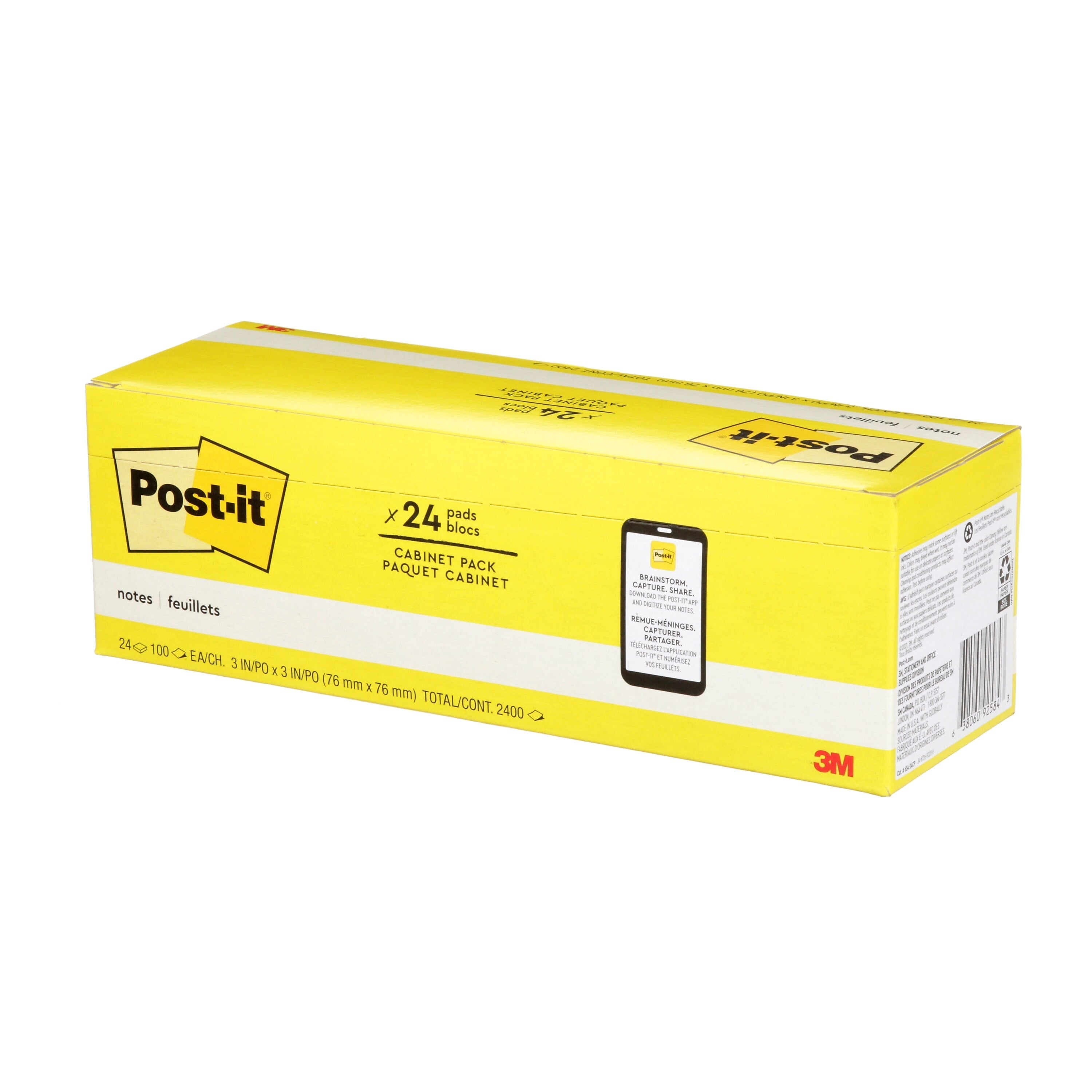 Post-it Notes, 3" x 3", Canary Collection, 90 Sheet/Pad, 24 Pads/Pack (65424CP)