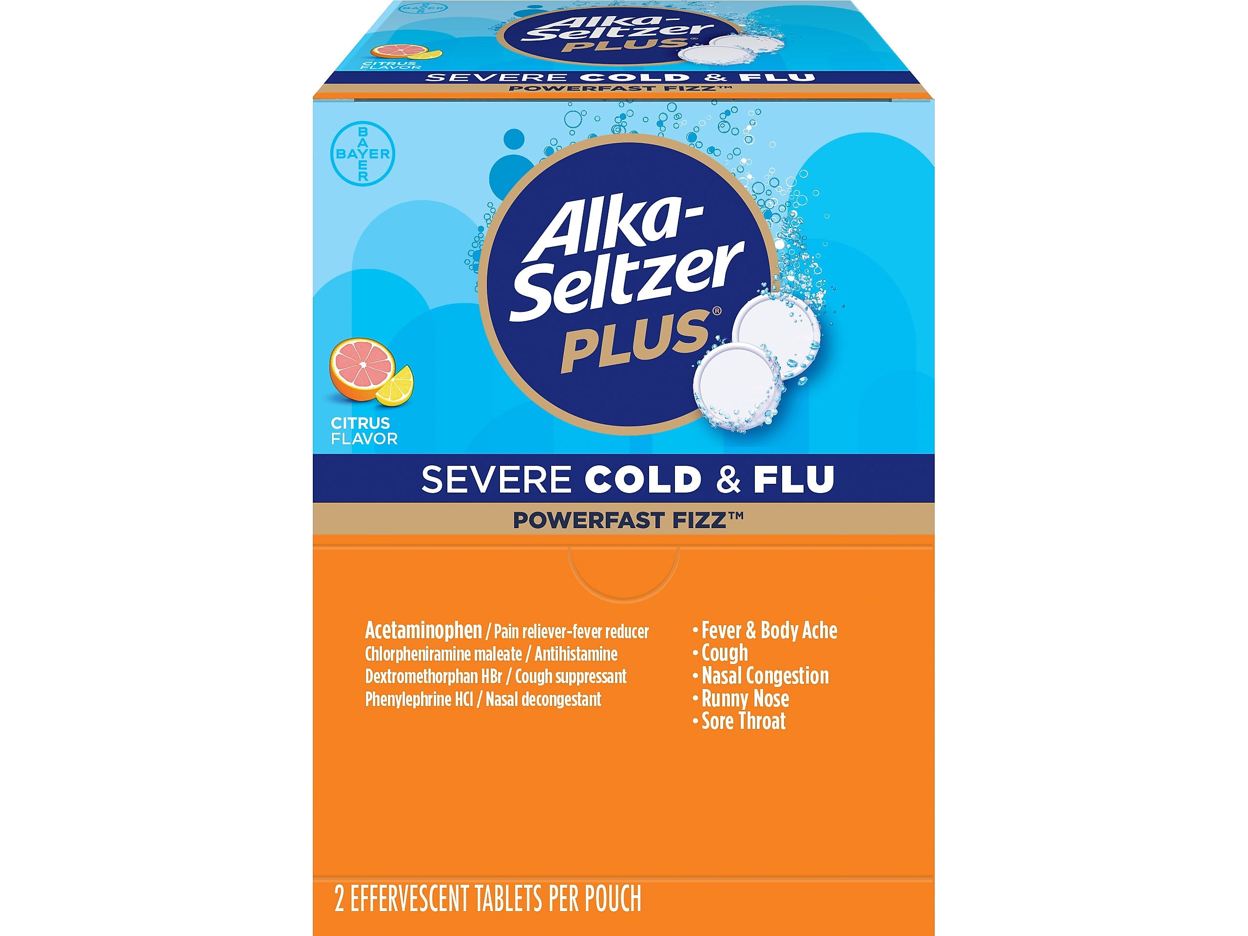 Alka-Seltzer Plus PowerFast Fizz Severe Cold & Flu Effervescent Tablet, Citrus, 2/Pouch, 30 Pouches/Box (97319)