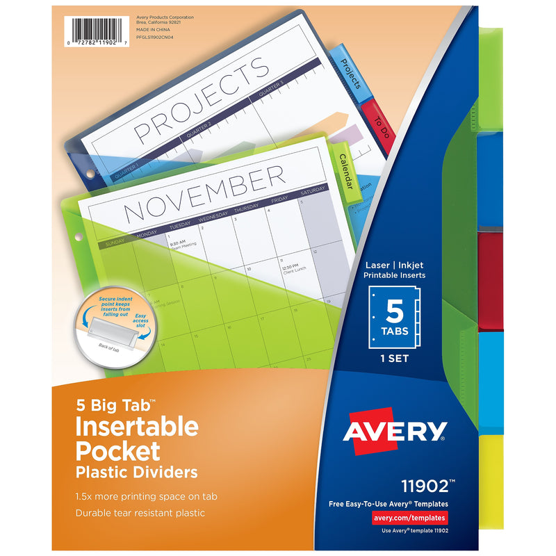 Avery Big Tab Insertable Plastic Divider, 5 Tabs, Multicolor, 1 Set (11902)