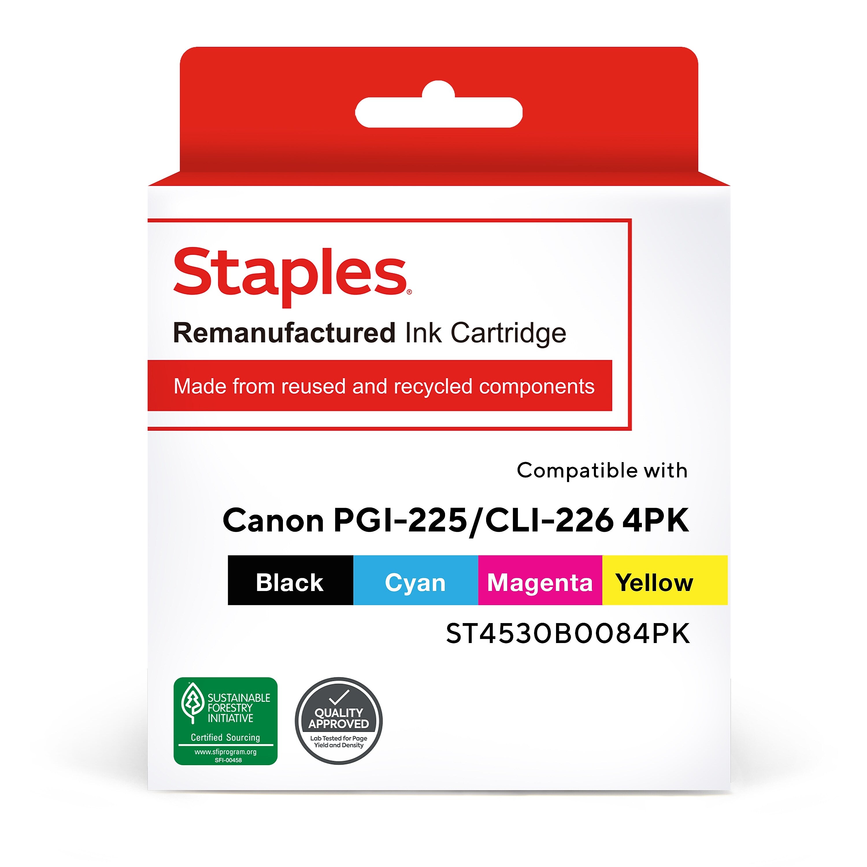 Staples Remanufactured Black/Cyan/Magenta/Yellow Standard Yield Ink Replacement for Canon PGI-225/CLI226 (ST4530B0084PK), 4/Pack