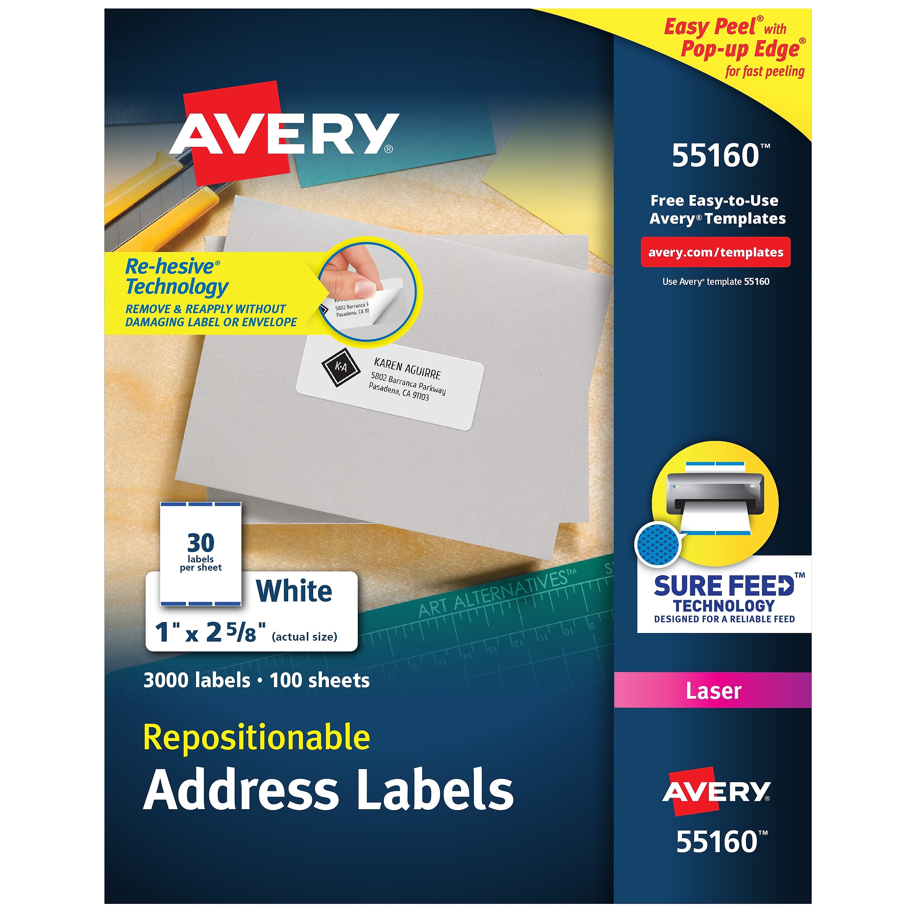 Avery Repositionable Laser Address Labels, 1" x 2-5/8", White, 3,000 Labels/Box (55160)