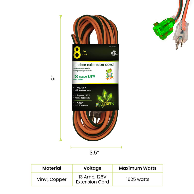 GoGreen Power 16/3 8' Heavy Duty Extension Cord, Lighted End, Orange (GG-13708)