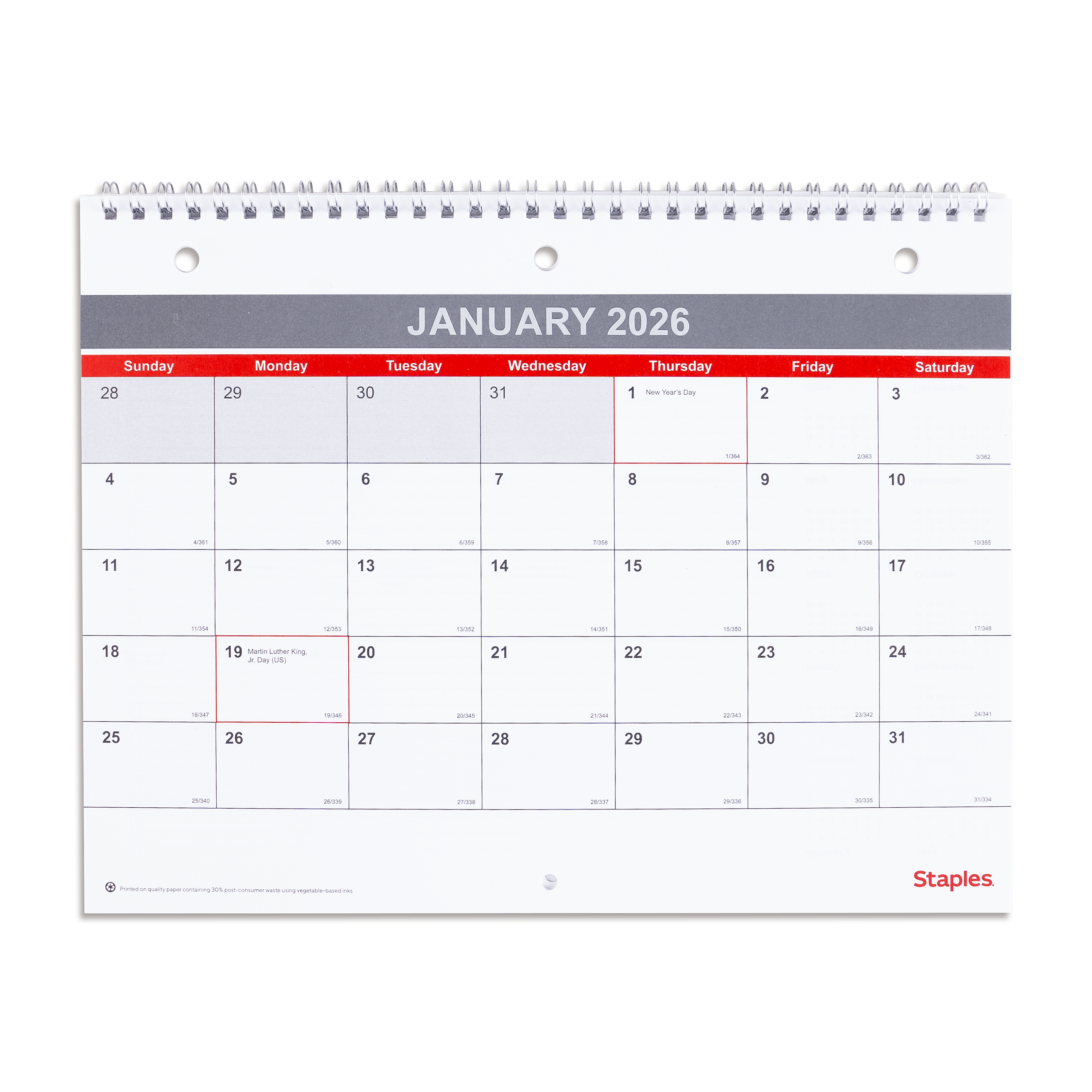 2026 Staples 11" x 8" Monthly Wall Calendar, White/Red/Gray (ST53915-26)