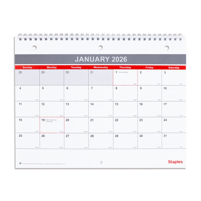 2026 Staples 11" x 8" Monthly Wall Calendar, White/Red/Gray (ST53915-26)