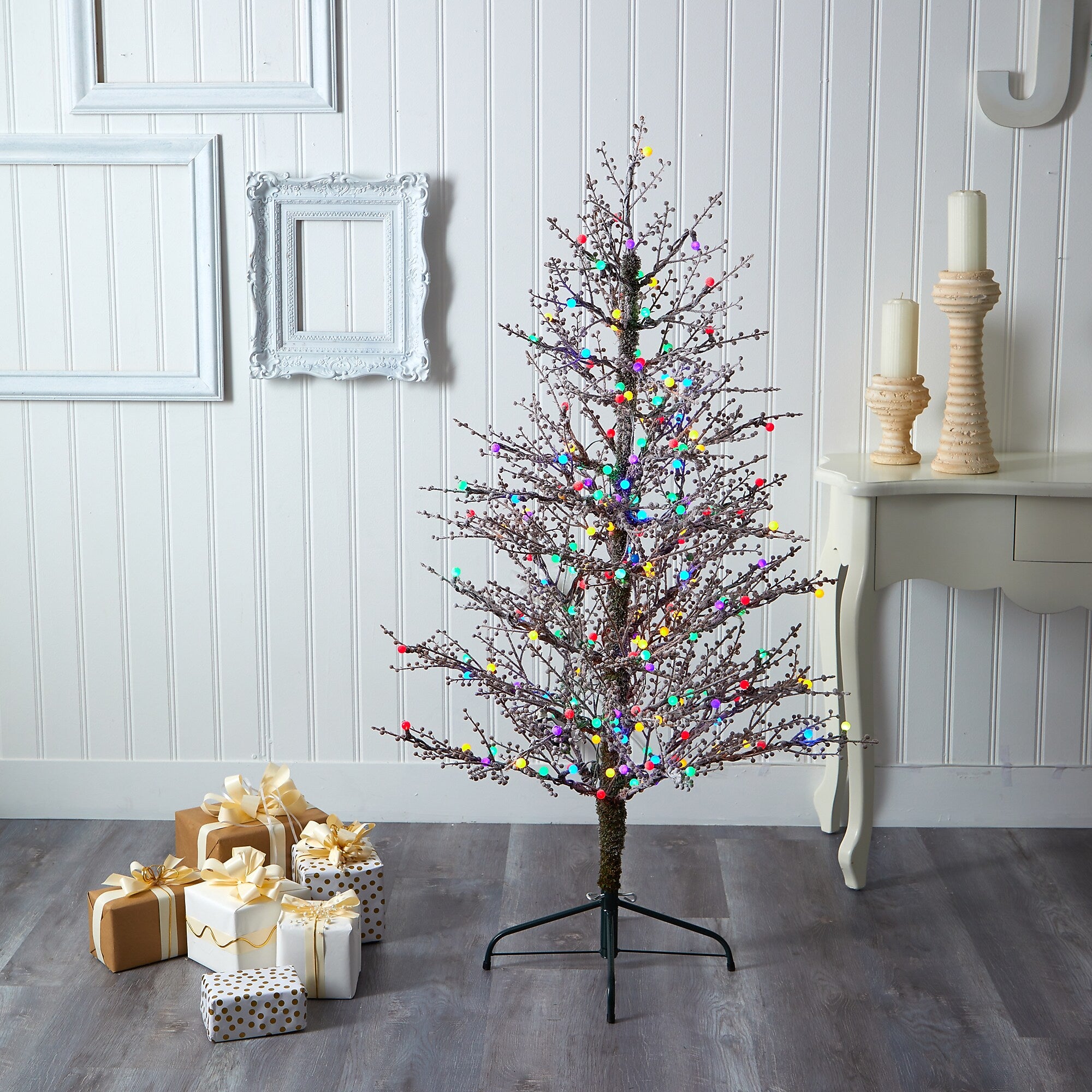 Nearly Natural 5-ft Frosted Berry Twig Artificial Christmas Tree with 200 Multicolored Gum Ball LED Lights (T1564)