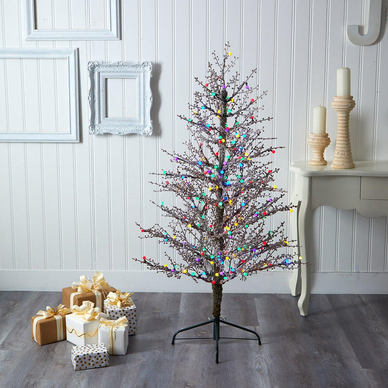 Nearly Natural 5-ft Frosted Berry Twig Artificial Christmas Tree with 200 Multicolored Gum Ball LED Lights (T1564)