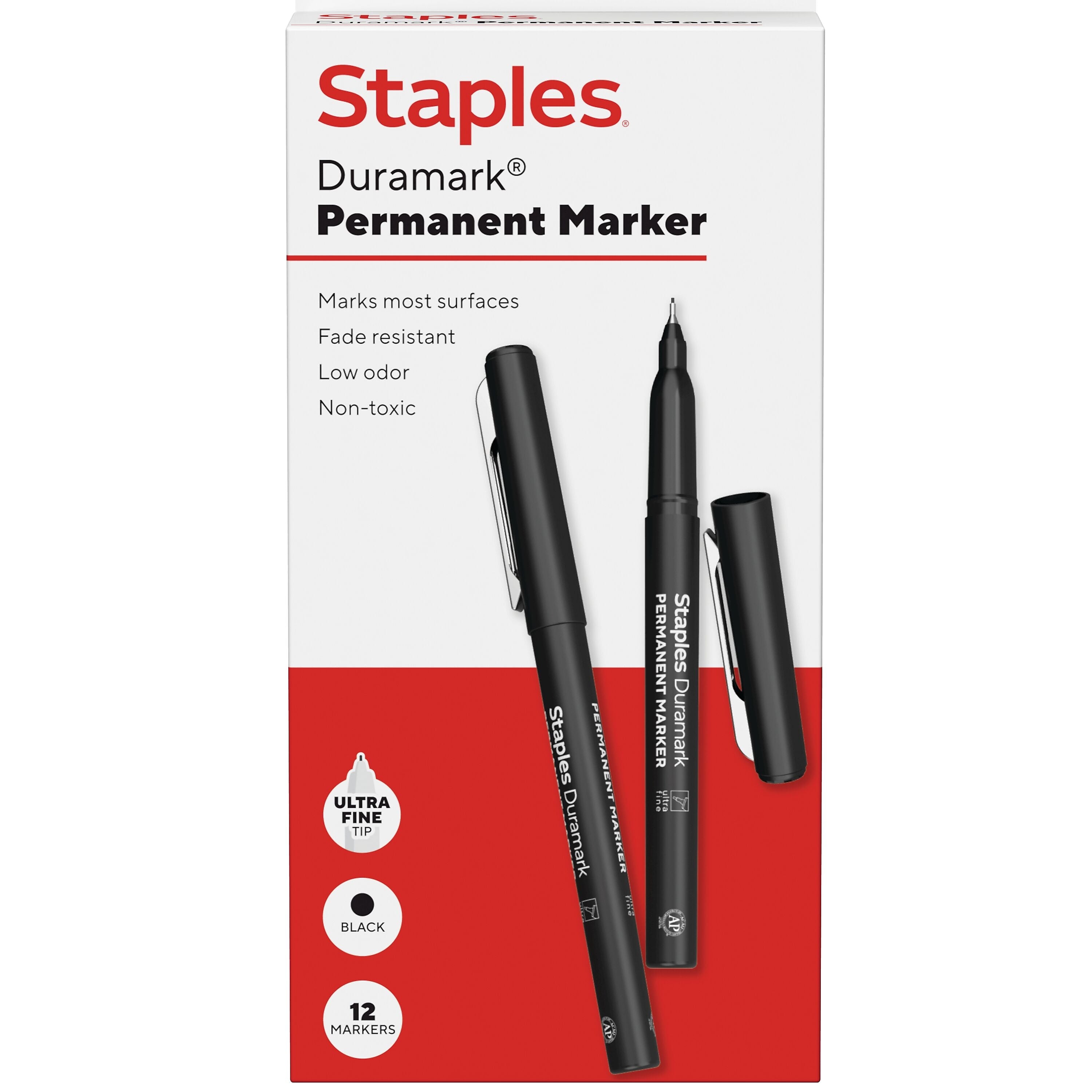 Staples Duramark Permanent Marker, Ultra Fine Tip, Black, Dozen (ST62927)