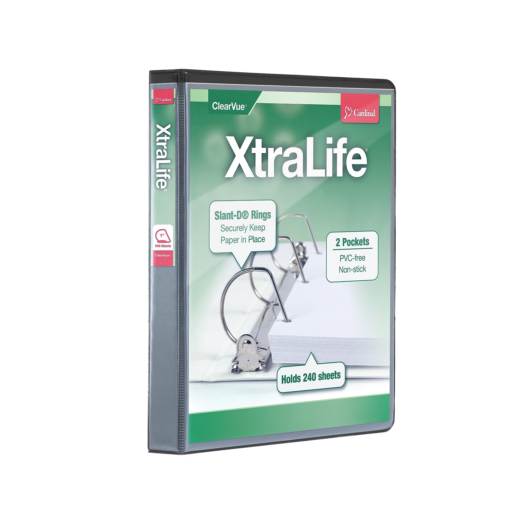Cardinal XtraLife ClearVue Heavy Duty 1" 3-Ring Non-View Binders, D-Ring, Black (26301)