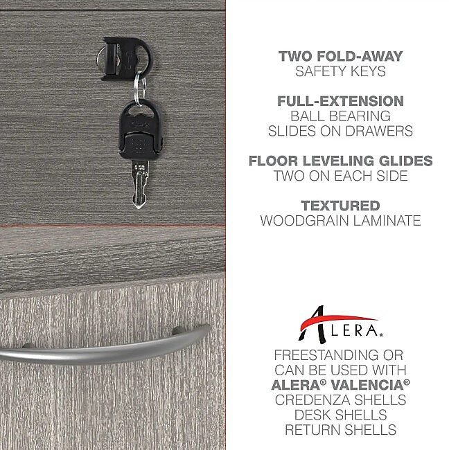 Alera Valencia Full Pedestal File Drawers, 2 Legal/Letter-Size, 15.63" x 20.5" x 28.5", Gray