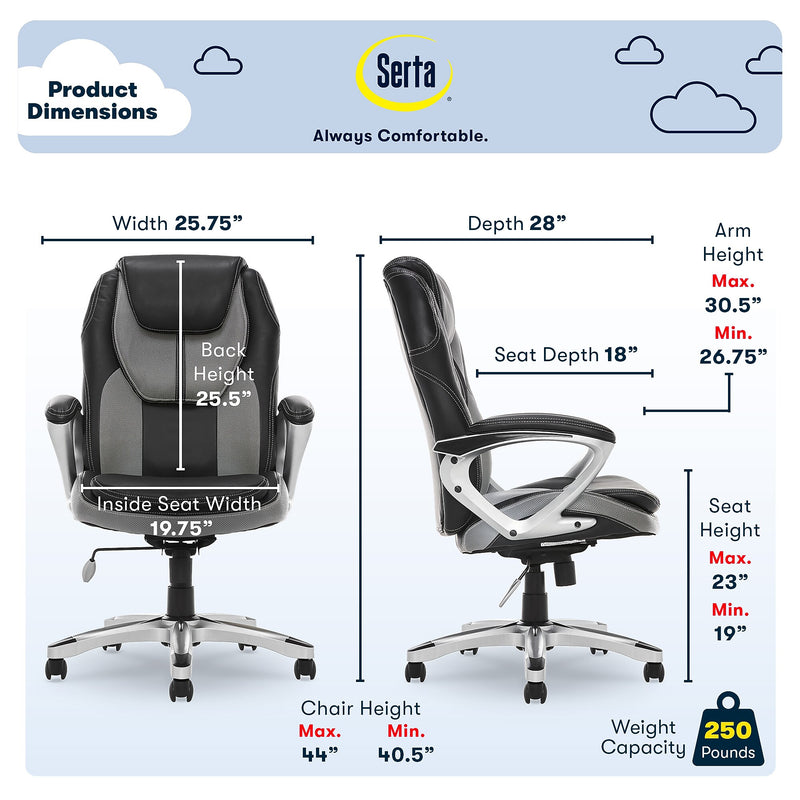 Serta Amplify Ergonomic Faux Leather Swivel Executive Chair, Gray (43673A)