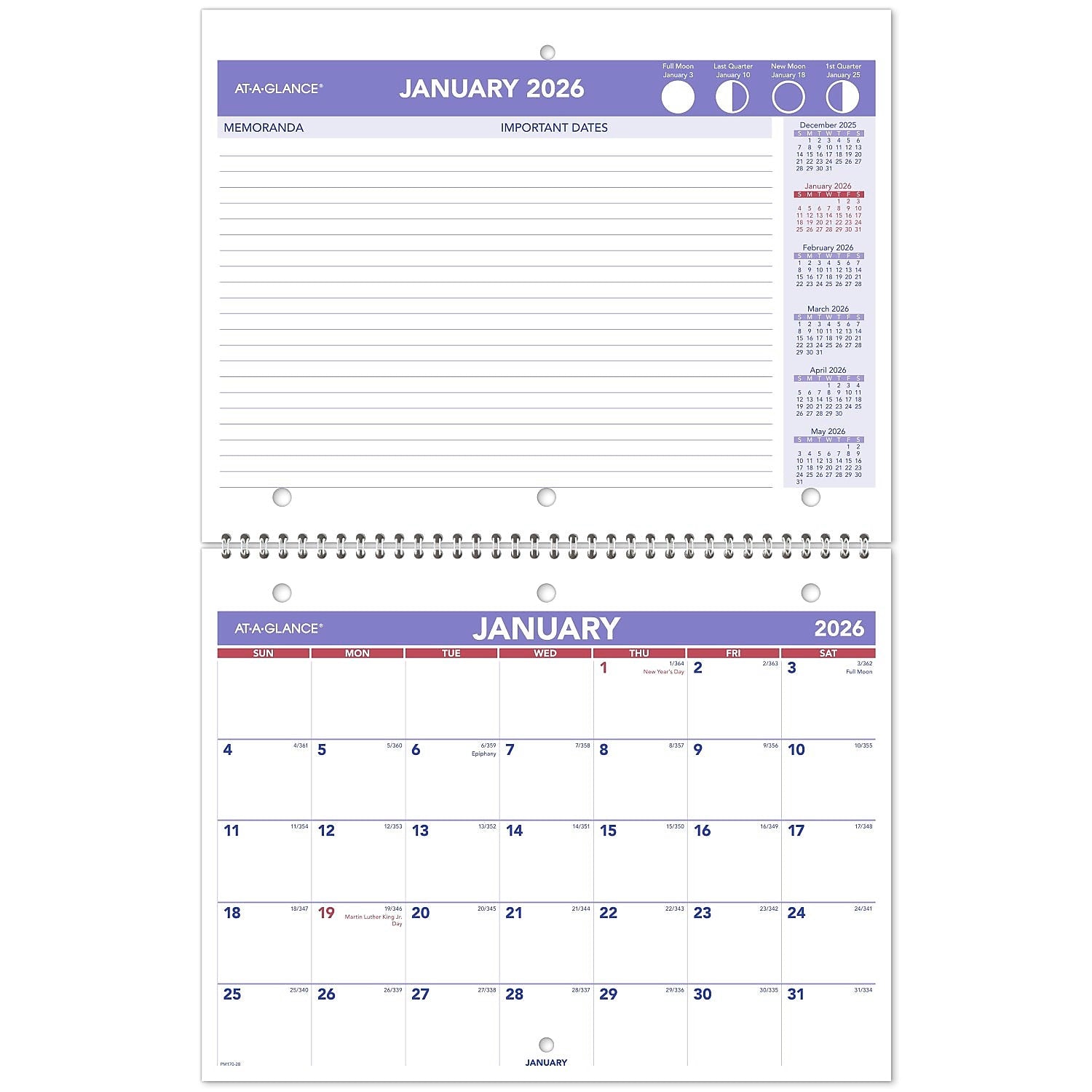 2026 AT-A-GLANCE 11" x 8.5" Monthly Wall Calendar, White/Purple (PM170-28-26)