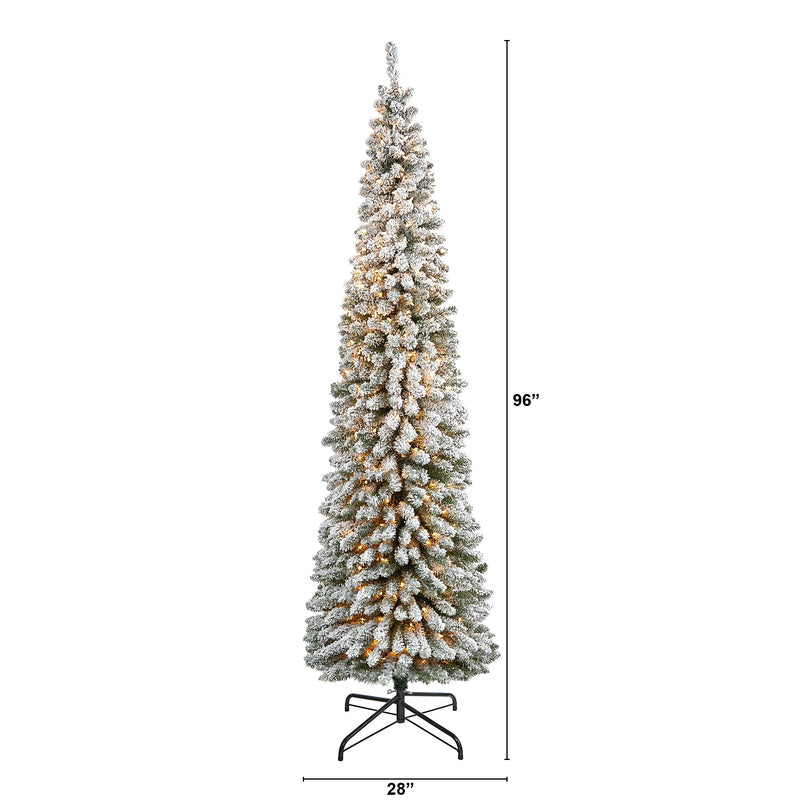 Nearly Natural 8-ft Flocked Pencil Artificial Christmas Tree with 500 Clear Lights and 646 Bendable Branches (T1908)