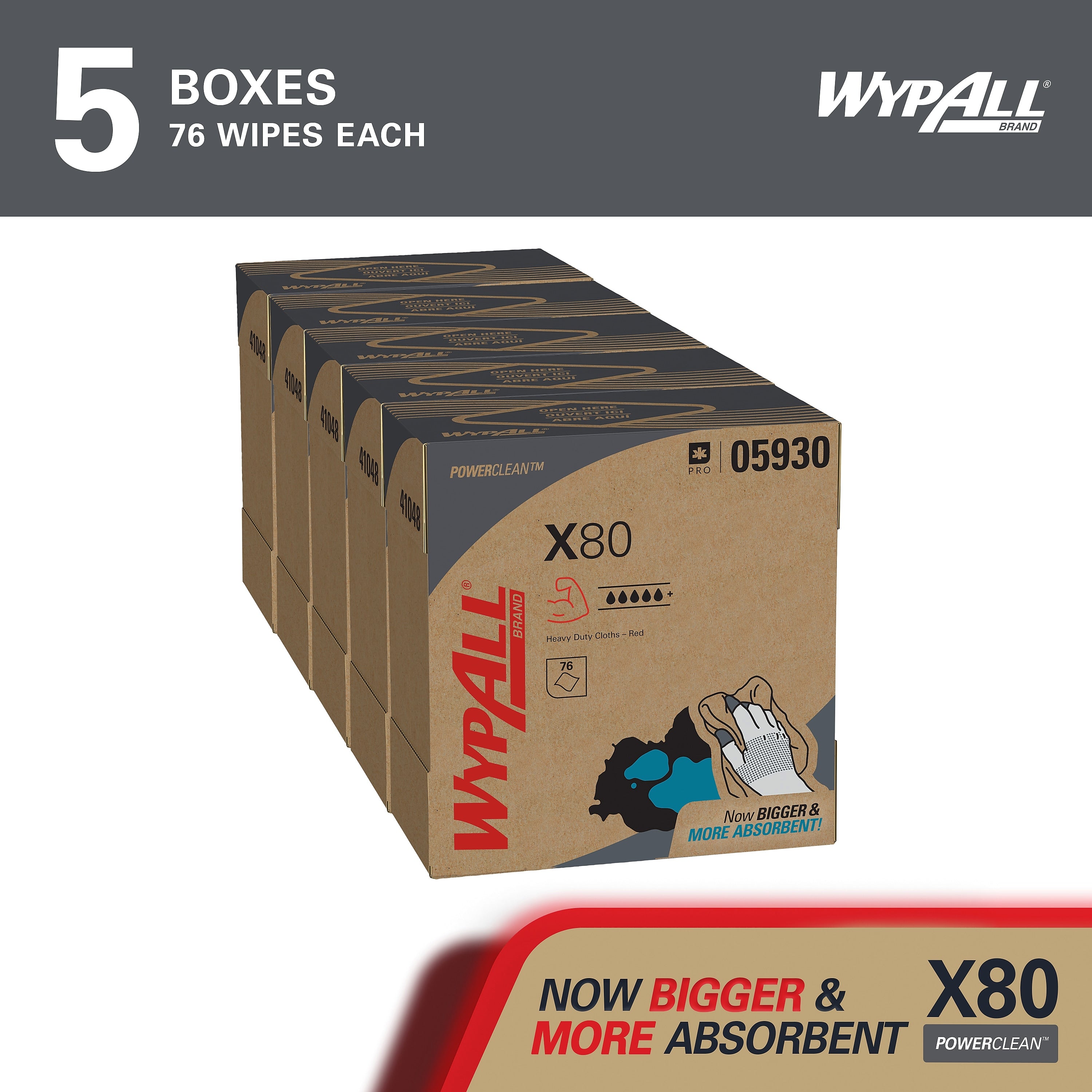 WypAll PowerClean X80 Cloths, 8.34" x 16.8", Red, 76 Sheets/Box, 5 Boxes/Carton (05930)