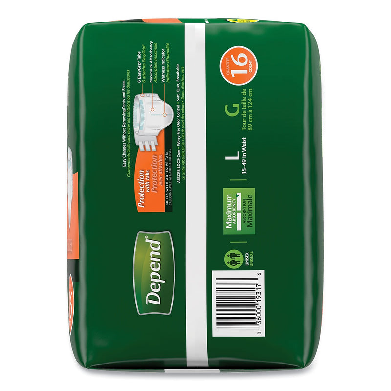Depend Incontinence Protection Diapers with Tabs, Large, 35" to 49" Waist, 16/Pack, 3 Packs/Carton (35458)
