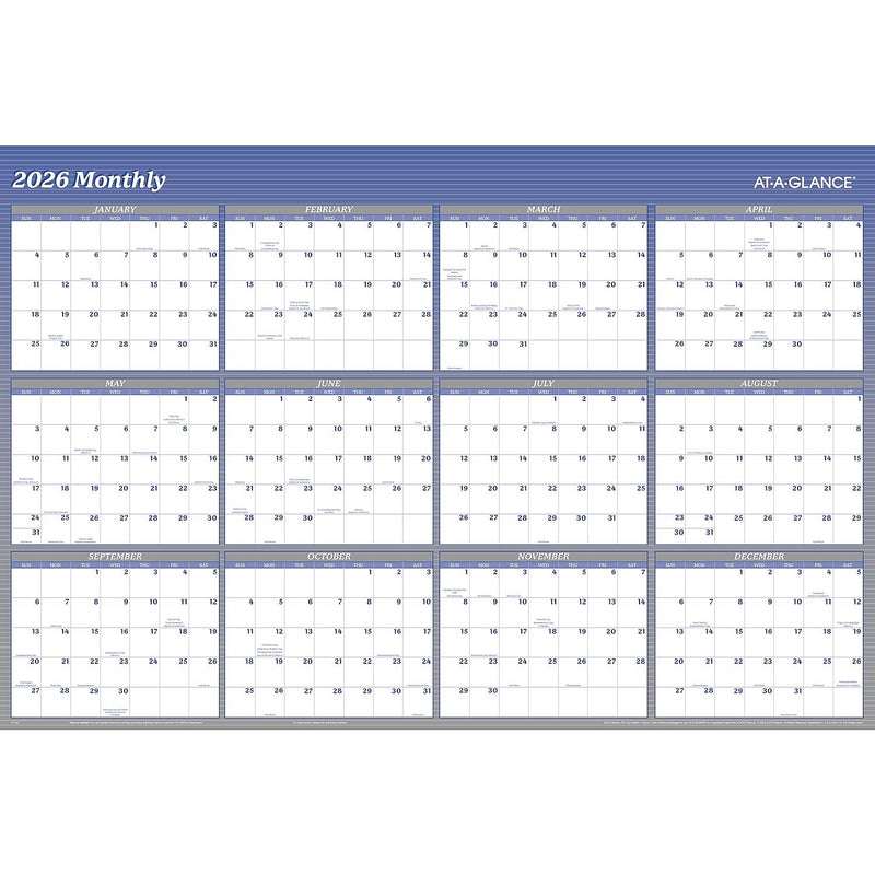 2026 AT-A-GLANCE 48" x 32" Yearly Dry Erase Wall Calendar, Reversible, White/Blue (A1152-26)