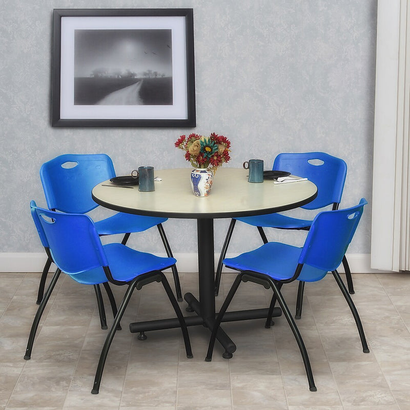 Regency 48-inch Round Laminate Maple & Kobe Base Table With 4 M Stacker Chairs, Blue (TKB48RNDPL47BE)