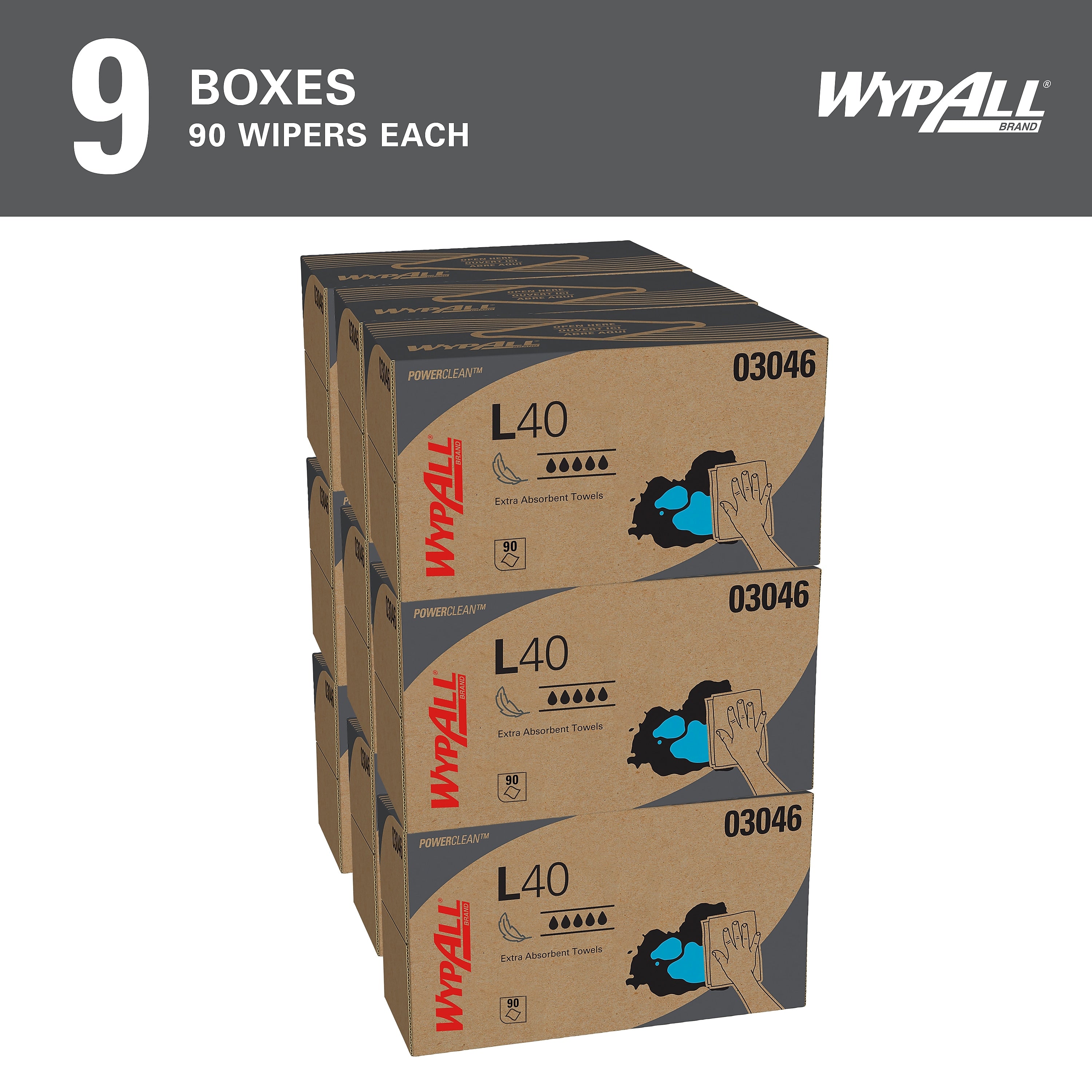 WypAll PowerClean L40 Fabric Cleaning Wipers, 10" x 10.8", White, 90 Wipers/Box, 9/Carton (03046)