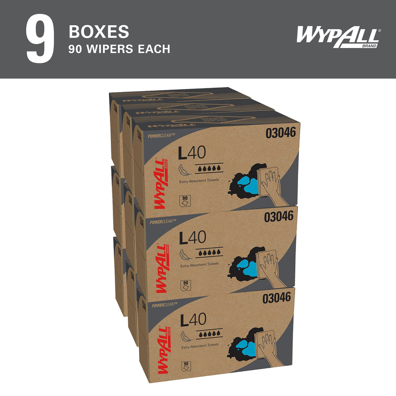 WypAll PowerClean L40 Fabric Cleaning Wipers, 10" x 10.8", White, 90 Wipers/Box, 9/Carton (03046)