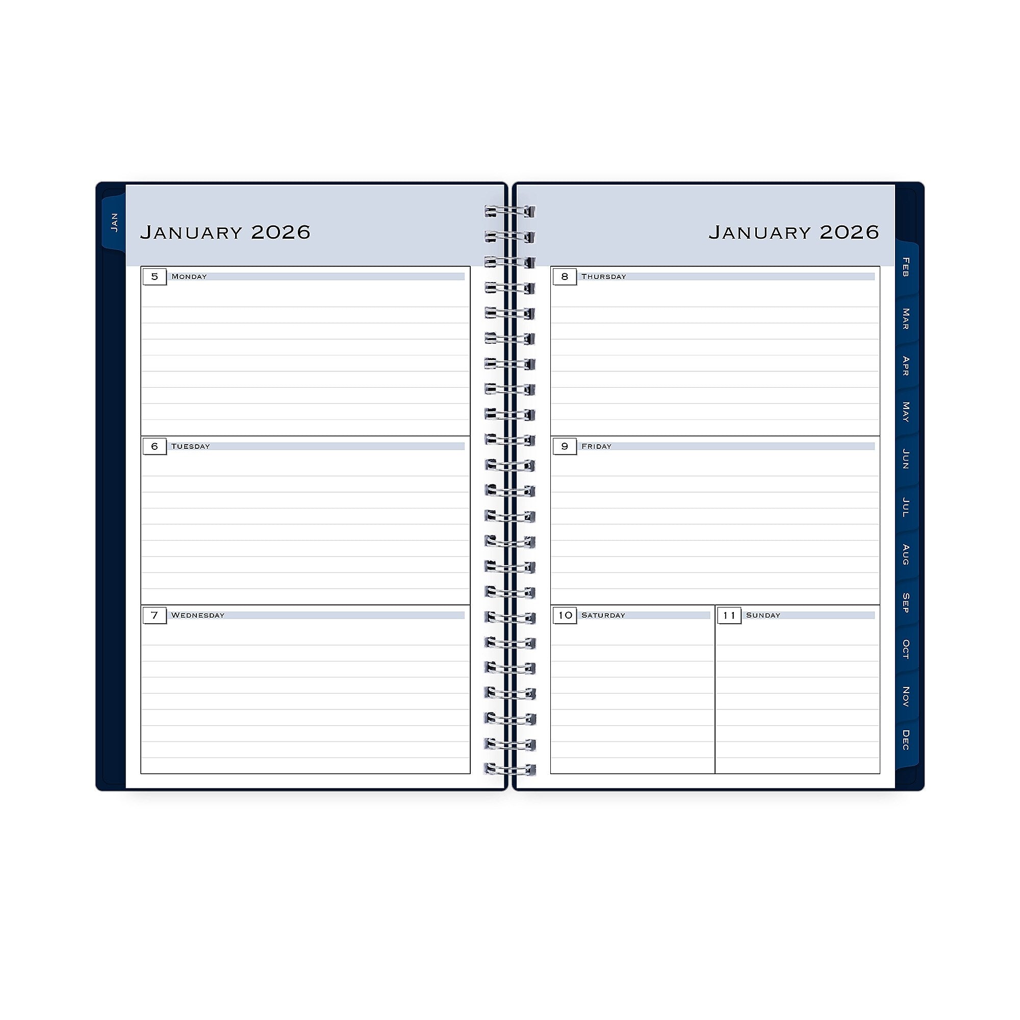 Planning Calendar BS Passages/Solid Navy PP 5x8 RY26 Wkly/Mthly Safety Wirebound -