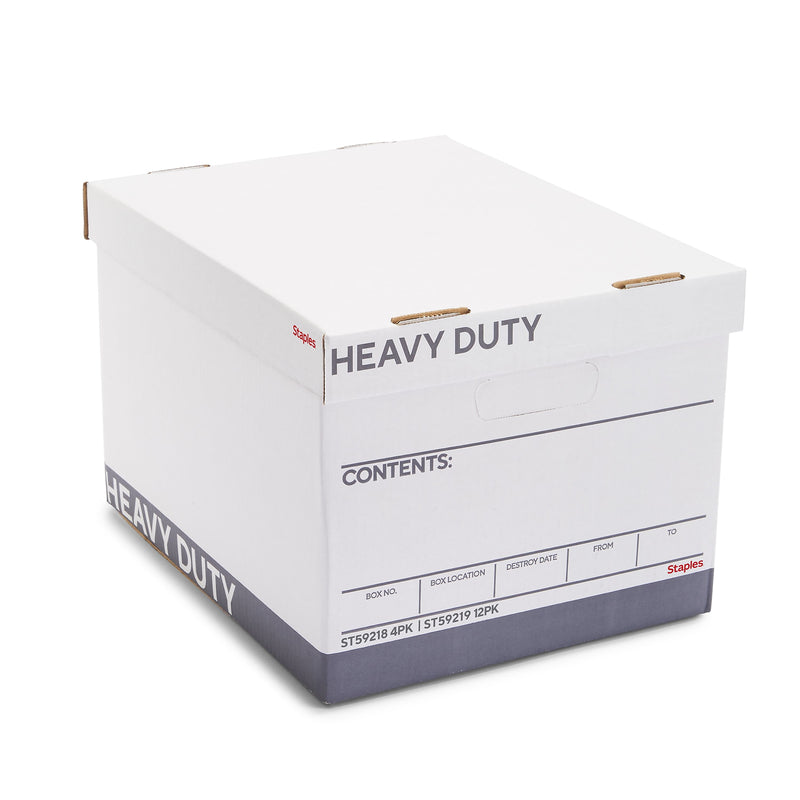 Staples Heavy Duty 50% Recycled Corrugated File Box Lift Off Lid, Letter/Legal Size, White/Gray, 4/Carton (2522303)
