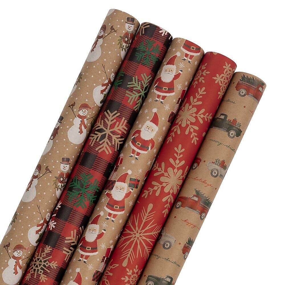 JAM Paper Christmas Wrapping Paper, 25 Sq. ft. x 30", Kraft Christmas Set, 5 Rolls/Pack (165K5KrChr)