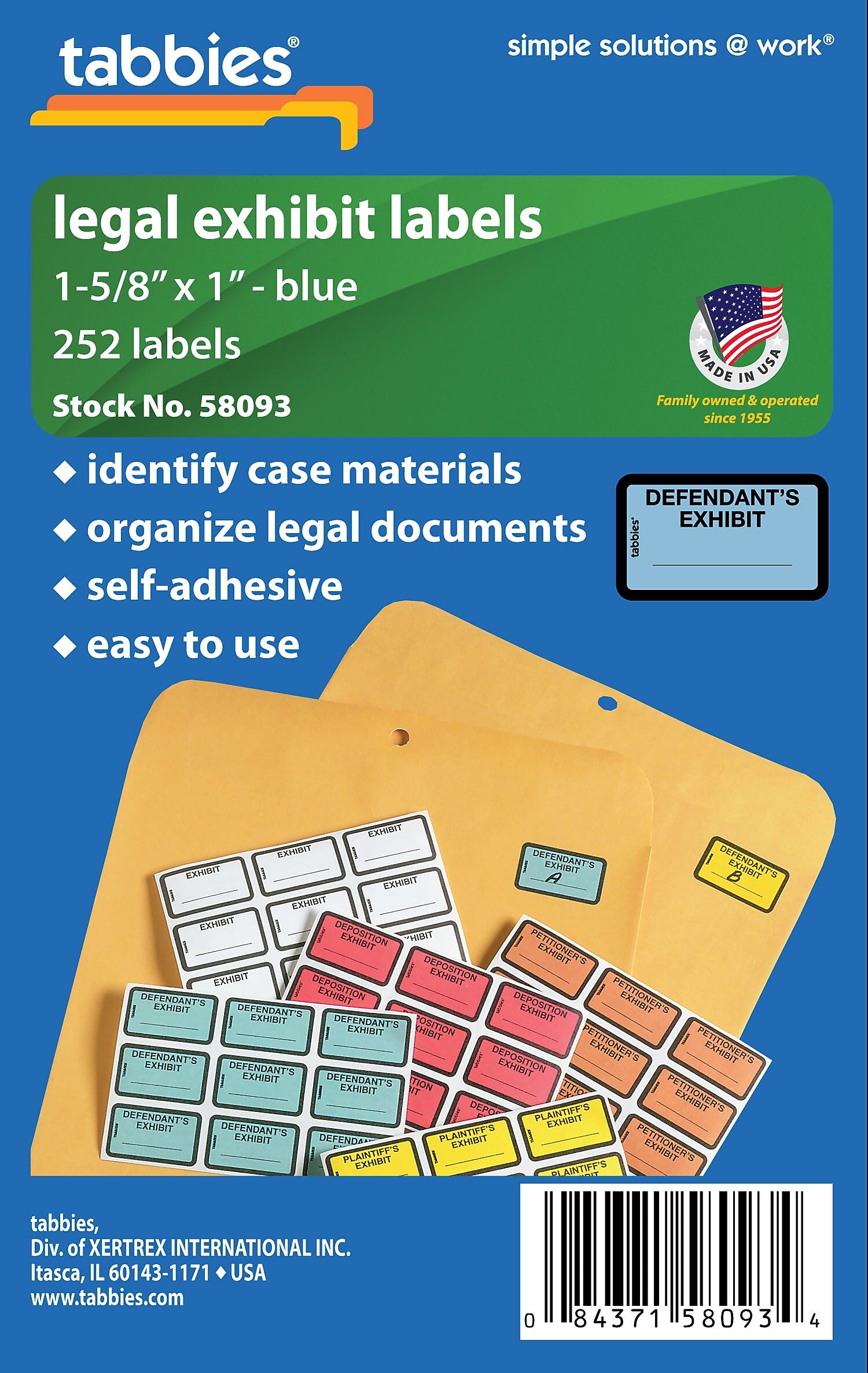 Tabbies Defendant's Exhibit Pre-Printed Labels, 1" x 1-5/8", Blue, 252 Labels/Pack (58093)