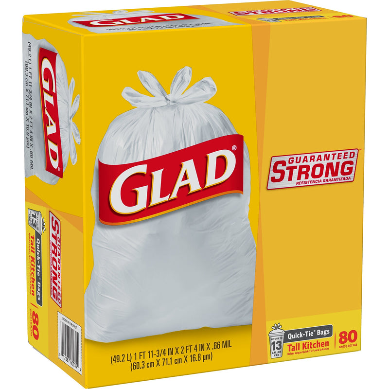 Glad Quick-Tie Tall 13 Gallon Kitchen Trash Bags, 80/Box (60034)