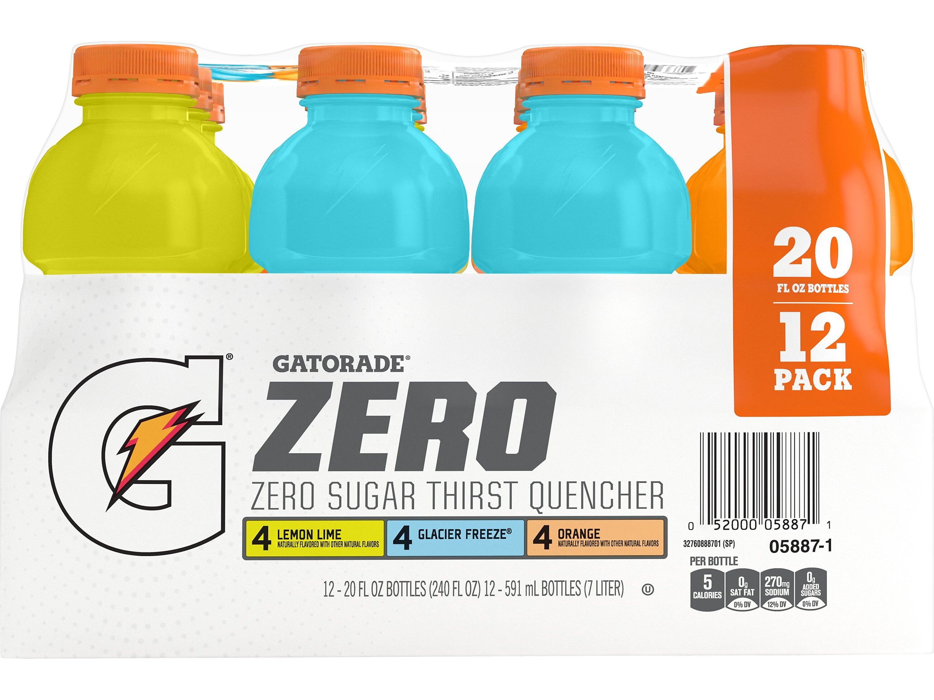 Gatorade Zero Sugar-Free Assorted Flavors Hydration Drink, 20 oz., 12 Bottles/Carton (05887)