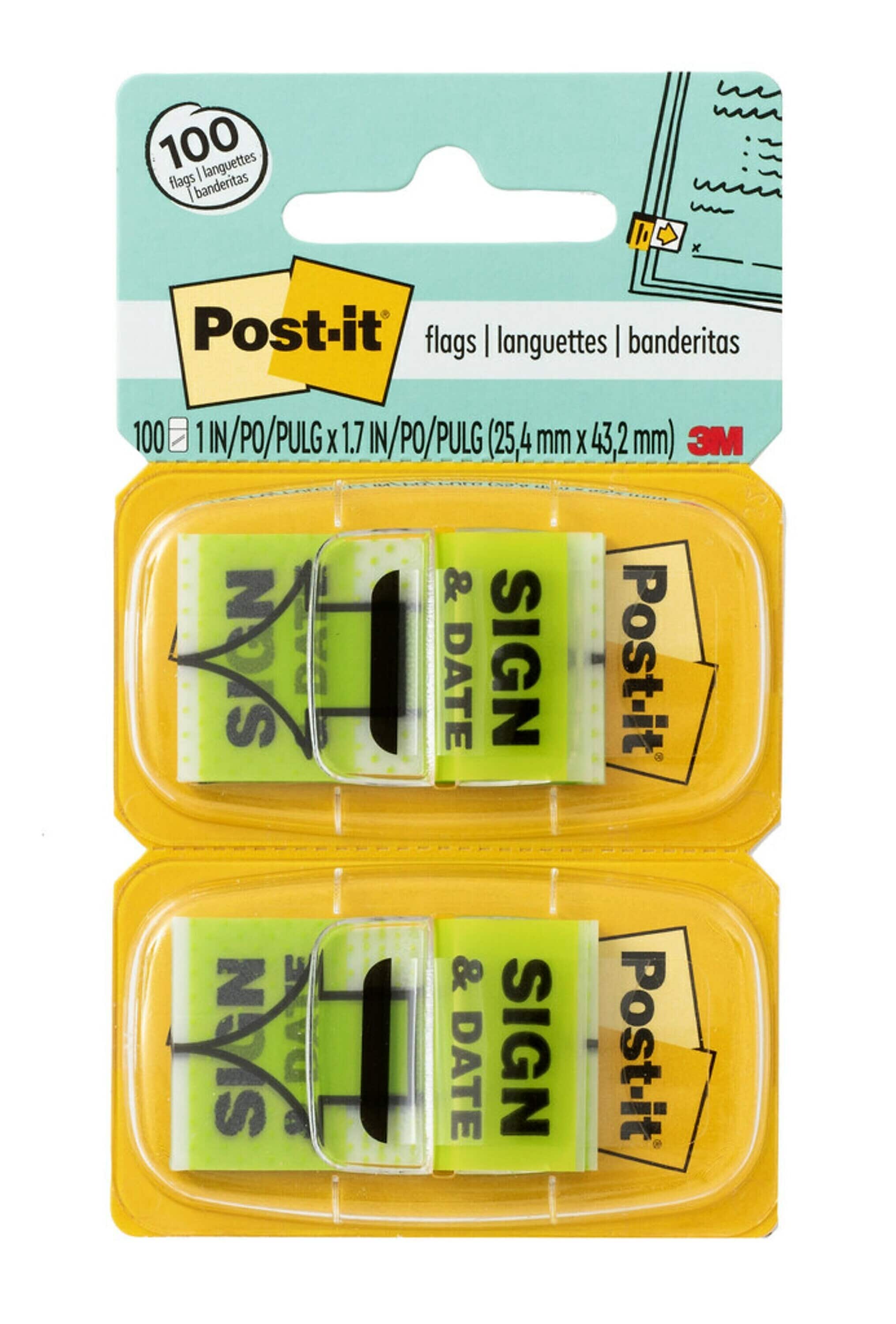Post-it 'Sign and Date' Message Flags, 1" Wide, Green, 100 Flags/Pack (680-SD2)