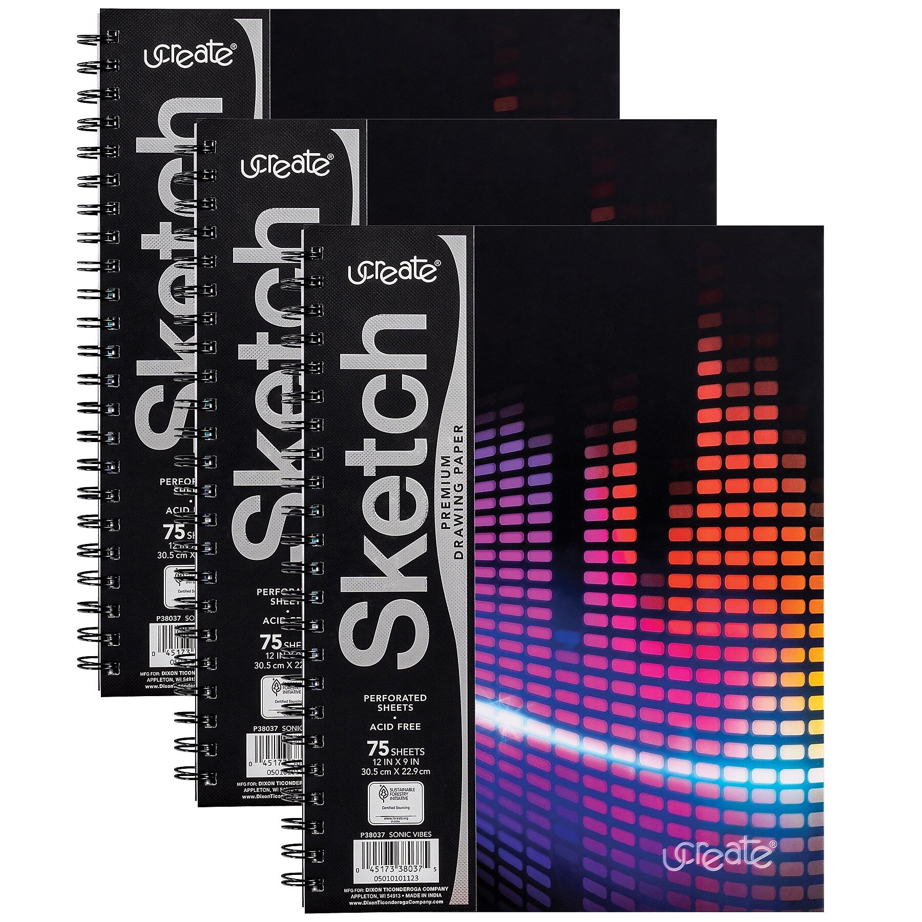 uCreate 9" x 12" Wire Bound Sketch Book, 75 Sheets/Book, 3 Books/Bundle (PAC38037-3)