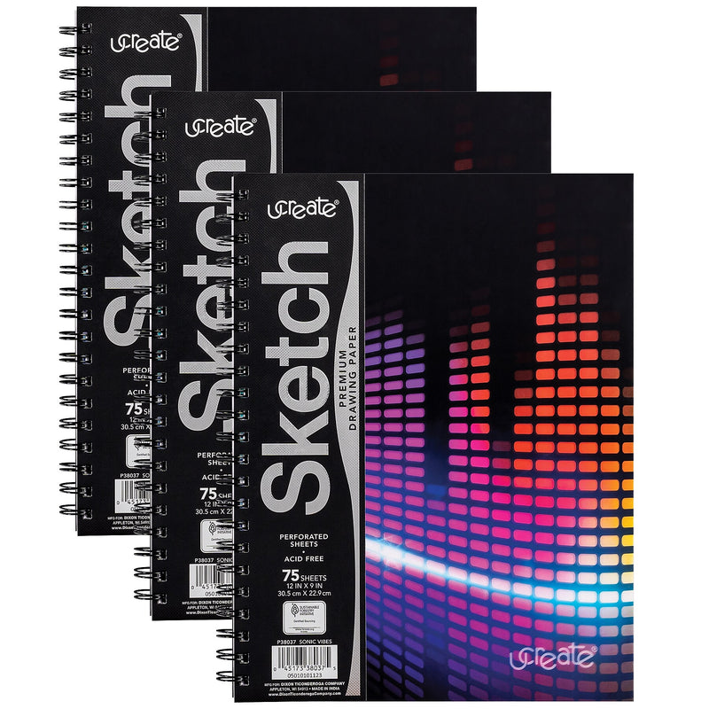 uCreate 9" x 12" Wire Bound Sketch Book, 75 Sheets/Book, 3 Books/Bundle (PAC38037-3)