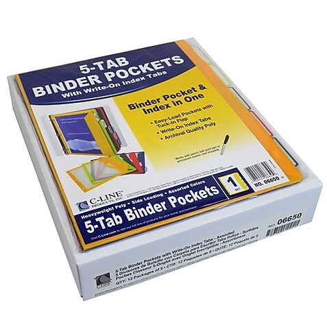 C-Line Poly Binder Pockets With Write-On Index Tabs, 3-Hole Punched, 5 Tabs, Assorted Colors (CLI06650)