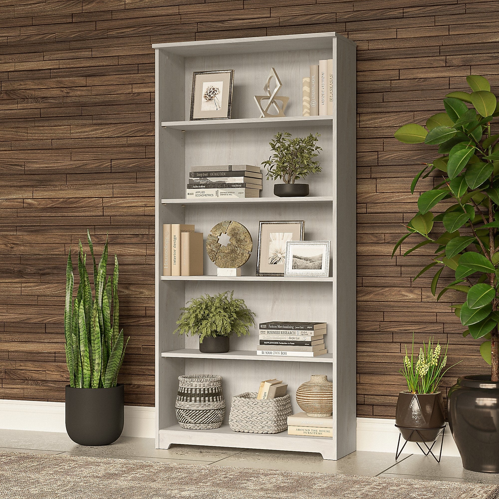 Bush Furniture Cabot 66"H 5-Shelf Bookcase with Adjustable Shelves, Linen White Oak (WC31166)