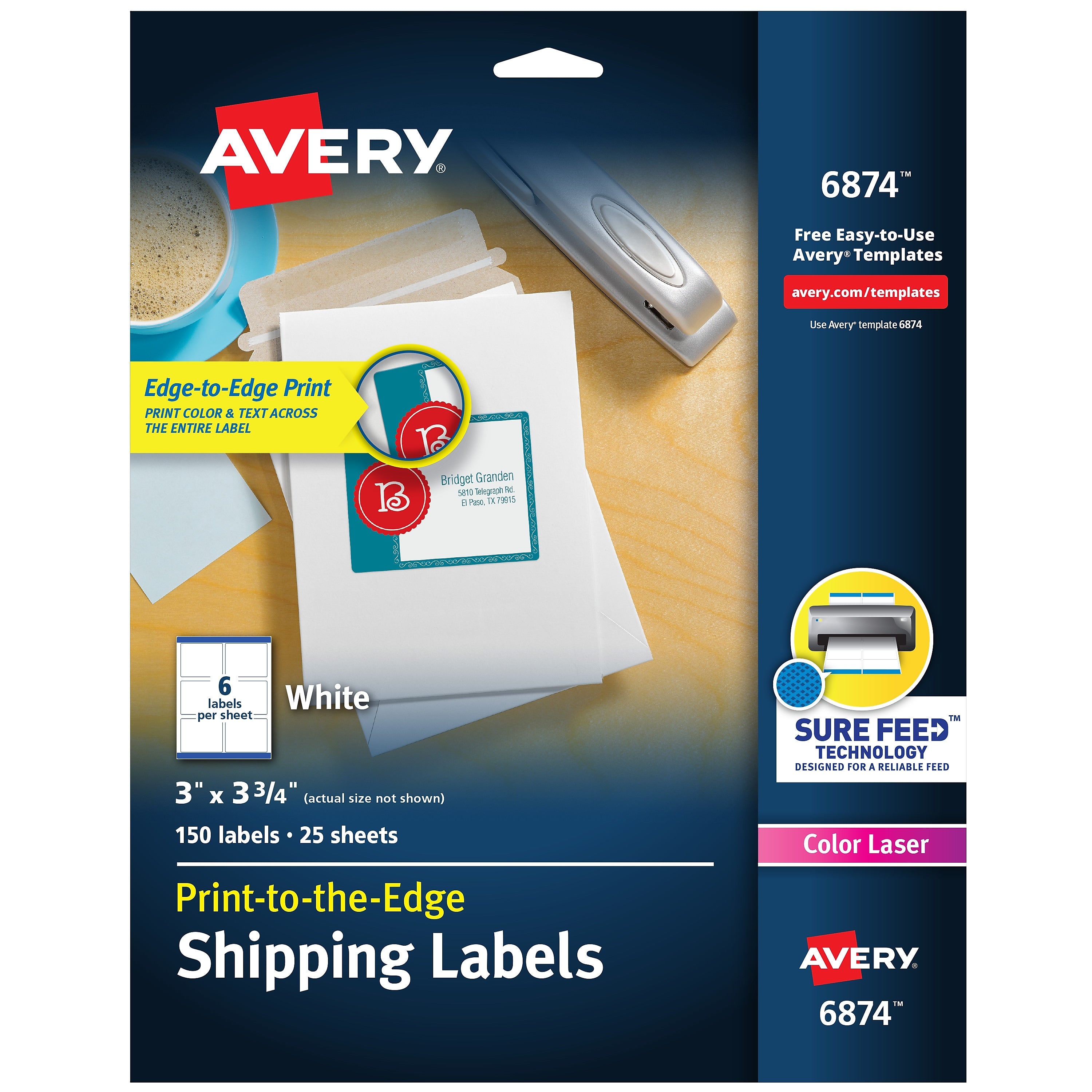 Avery Print-to-the-Edge Color Laser Shipping Labels, 3" x 3-3/4", White, 150 Labels/Pack (6874)