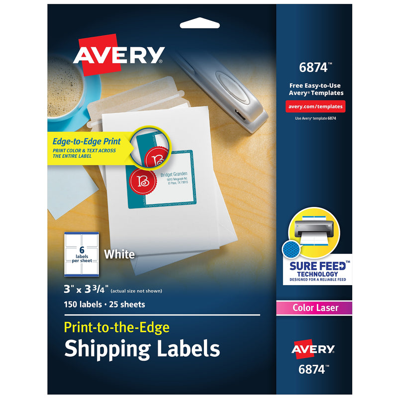 Avery Print-to-the-Edge Color Laser Shipping Labels, 3" x 3-3/4", White, 150 Labels/Pack (6874)