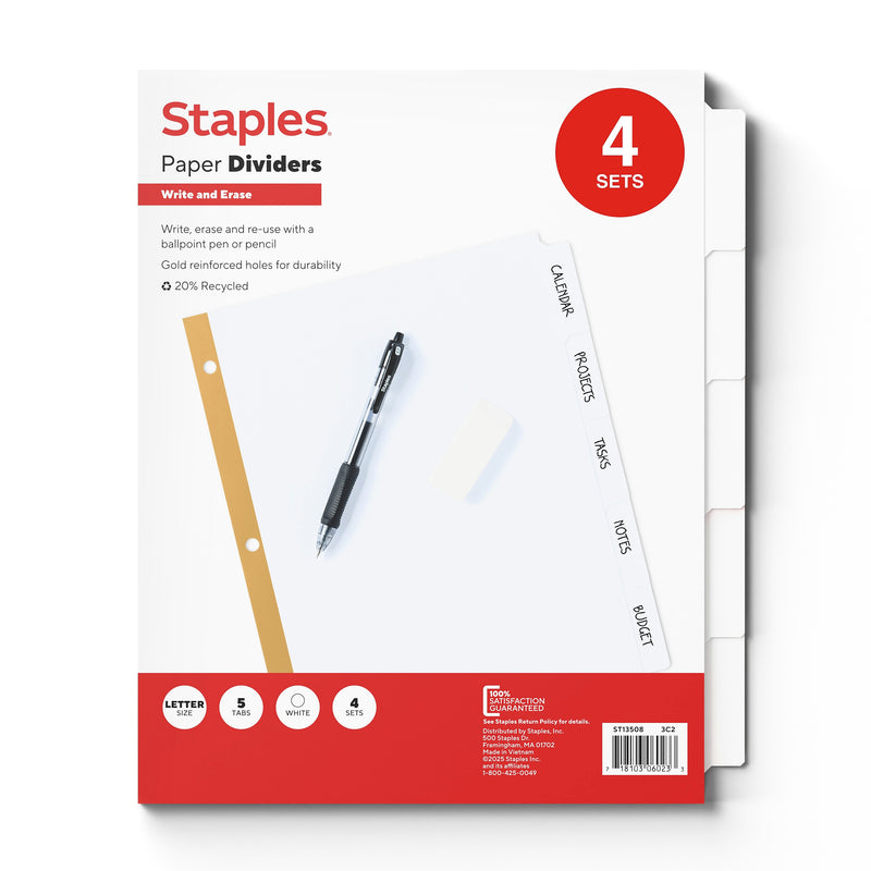 Staples Write & Erase Paper Divider, White, 5-Tabs, 4 Sets (13508/23175)