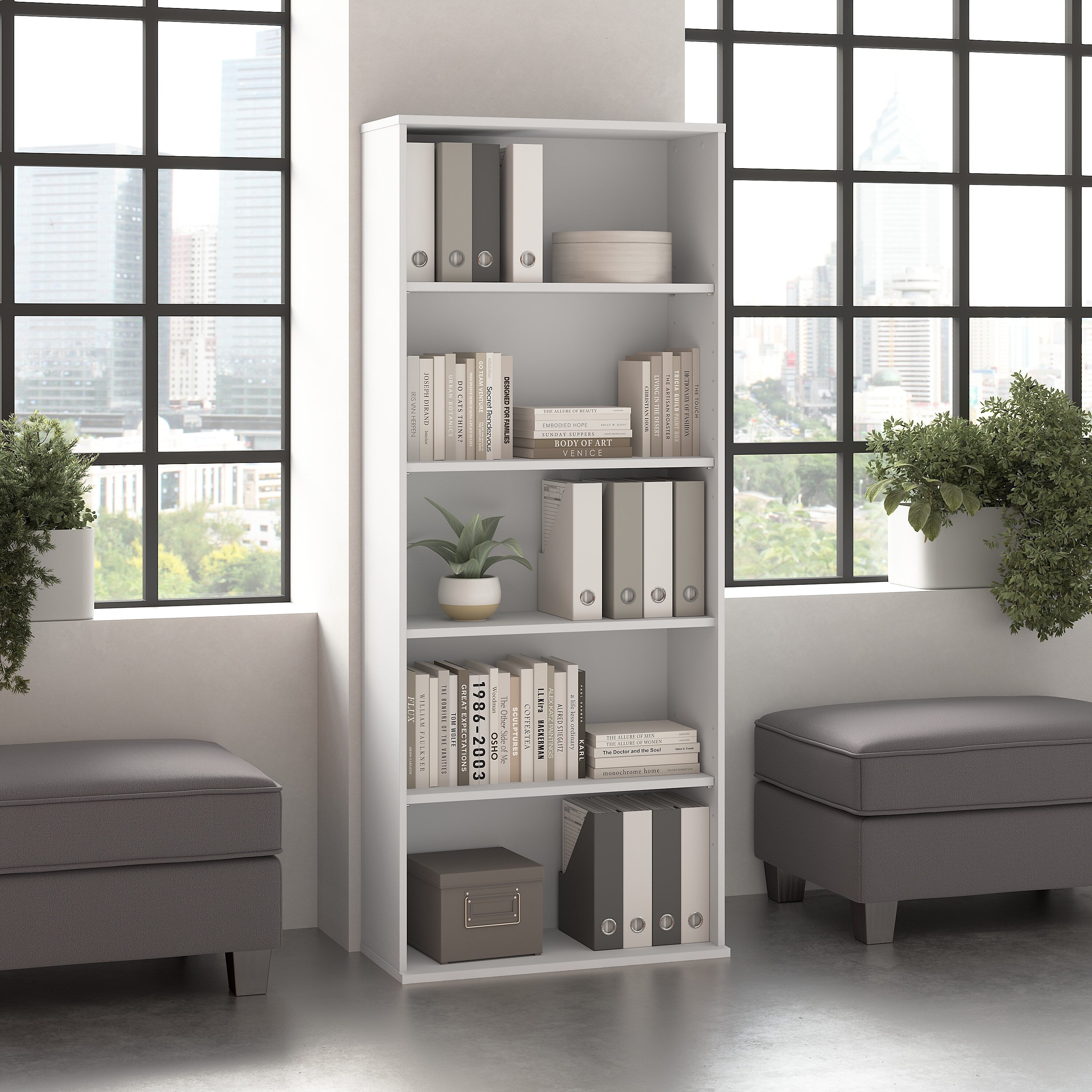 Bush Business Furniture Hustle Tall 5 Shelf Bookcase, White (HUB230WH)