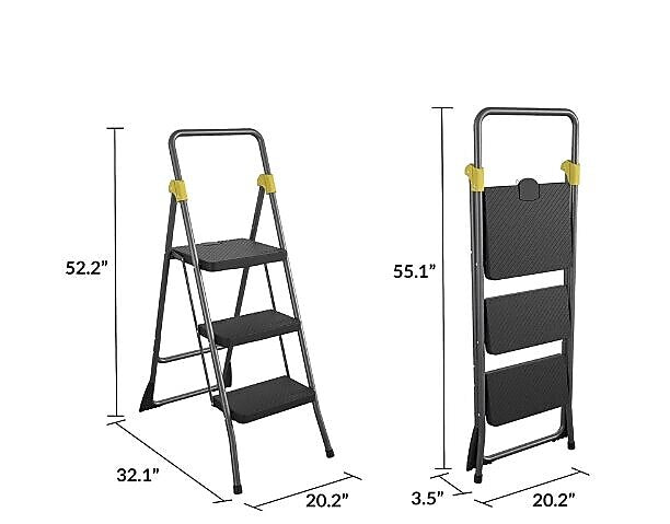 Cosco Commercial 3-Step Folding Stool, 300 lb Capacity, Gray (CSC11839GGO)