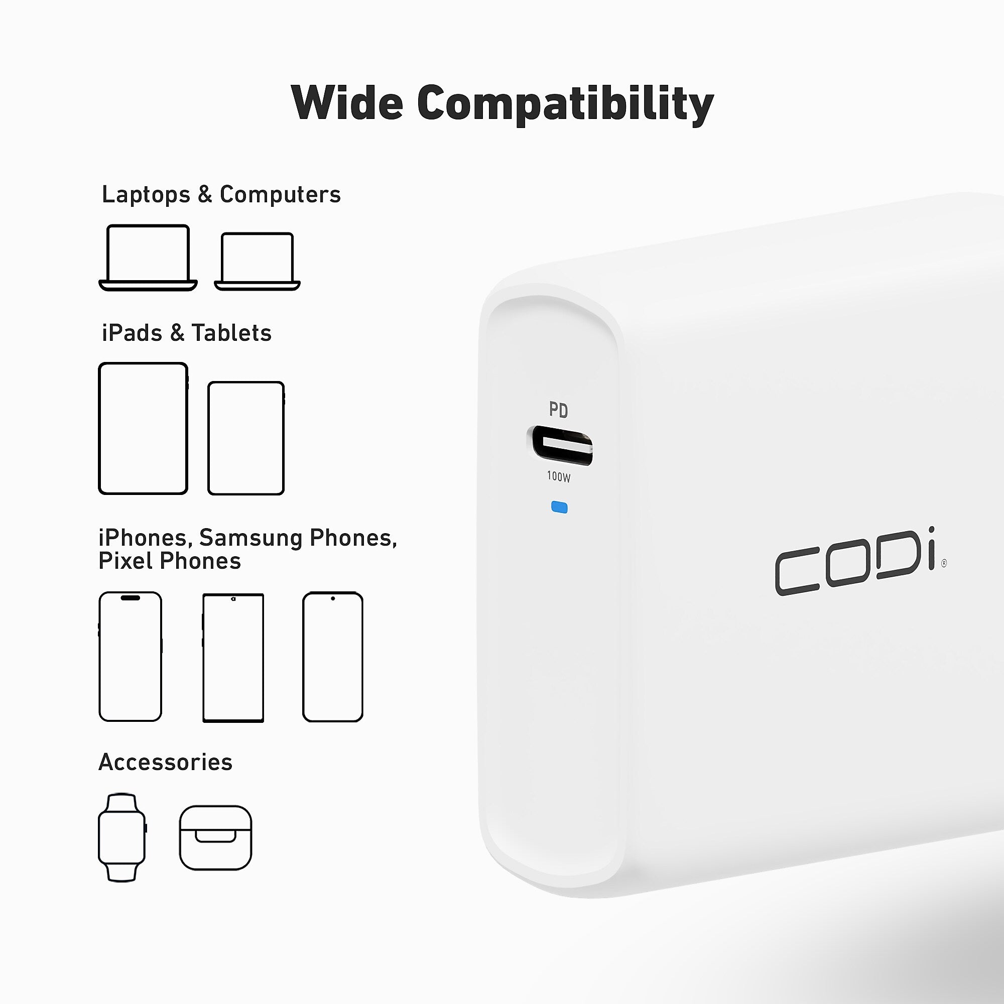 CODi 100W Wall USB-C Charger with USB2.0 EPR Braided Cable, White (A01118)