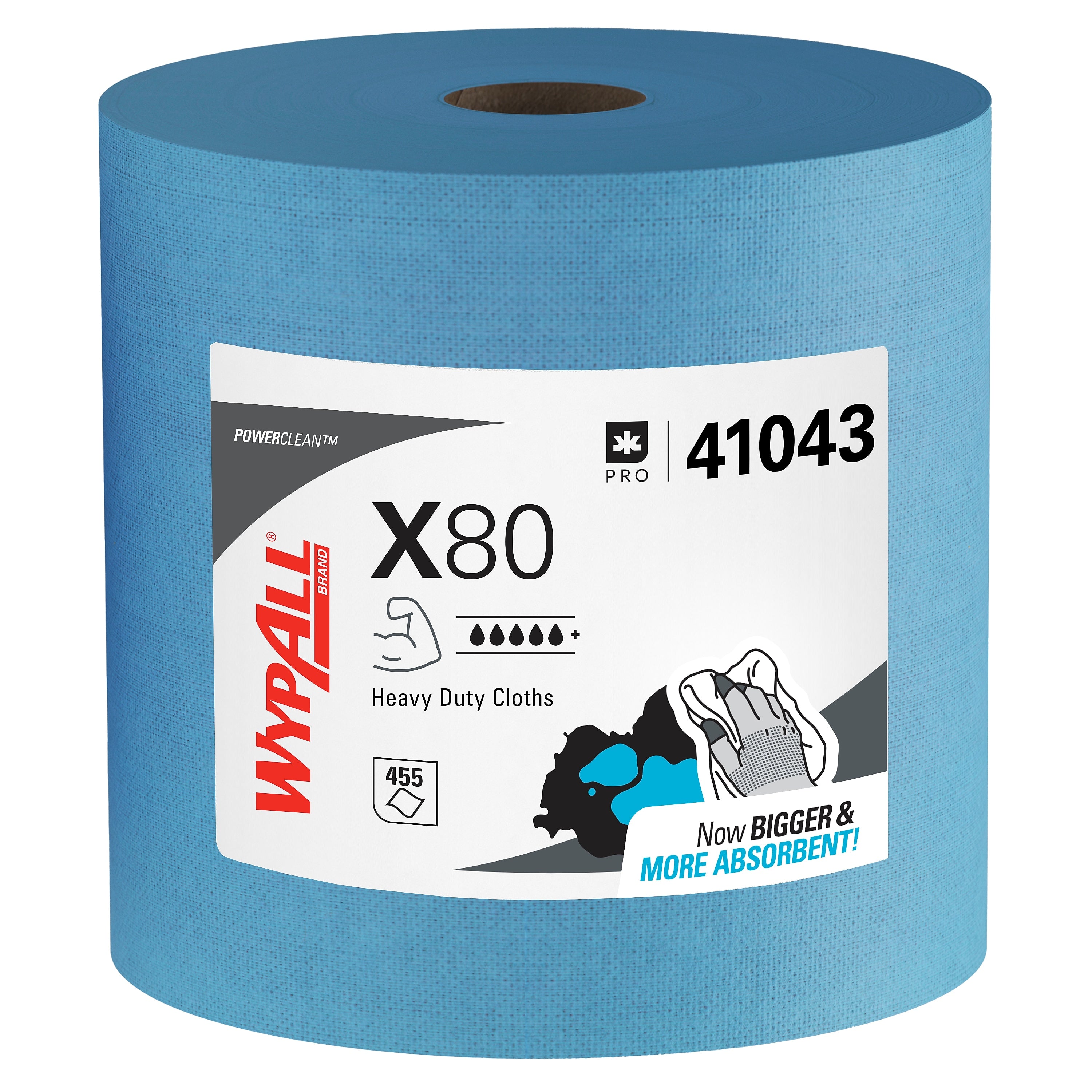 WypAll PowerClean X80 Fabric Cleaning Wipers, 13.4" x 12.5", Blue, 455 Sheets/Roll (41043)