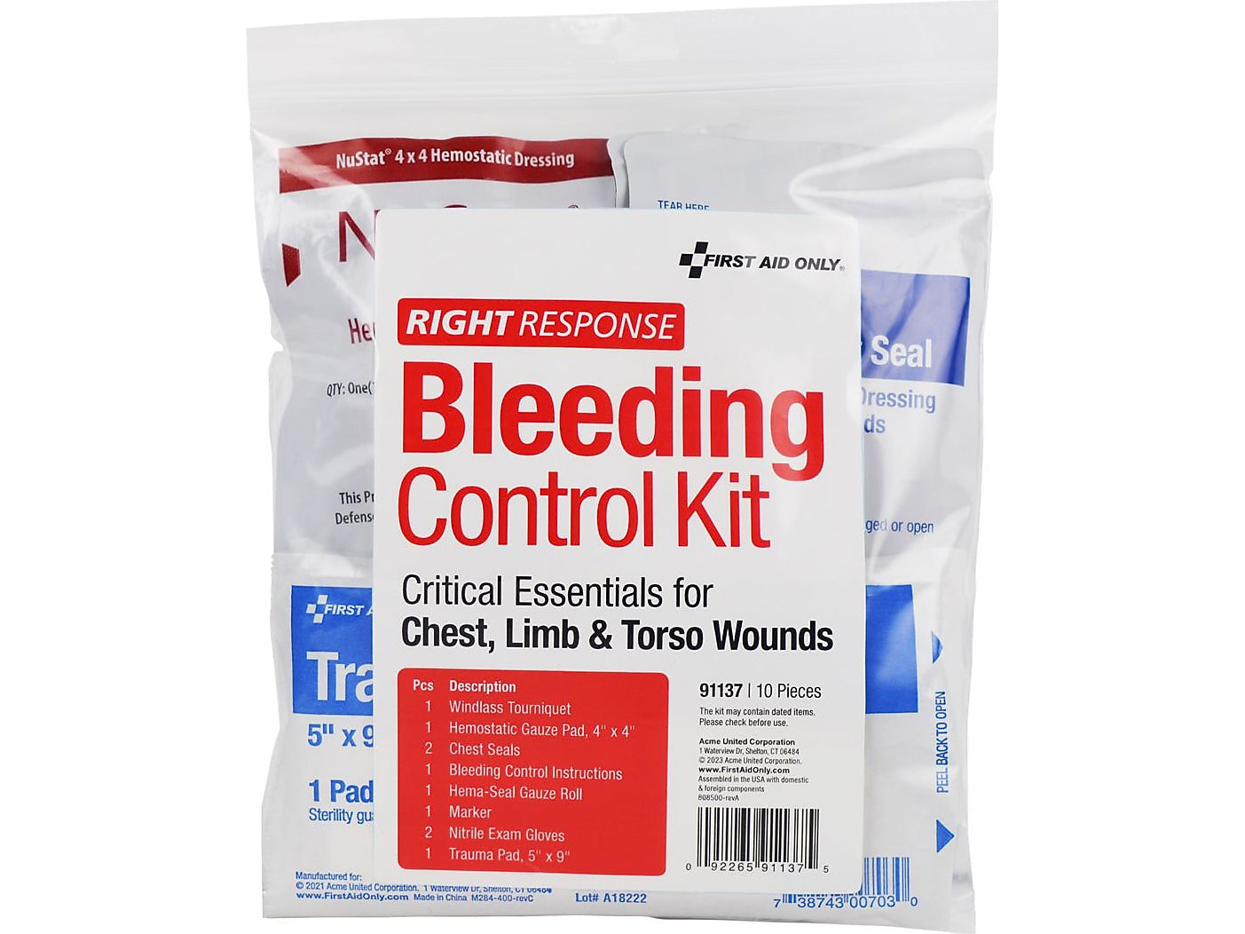 First Aid Only Critical Essentials 10-Piece Bleeding Control Kit, Limb, Chest & Torso Wounds (91137)