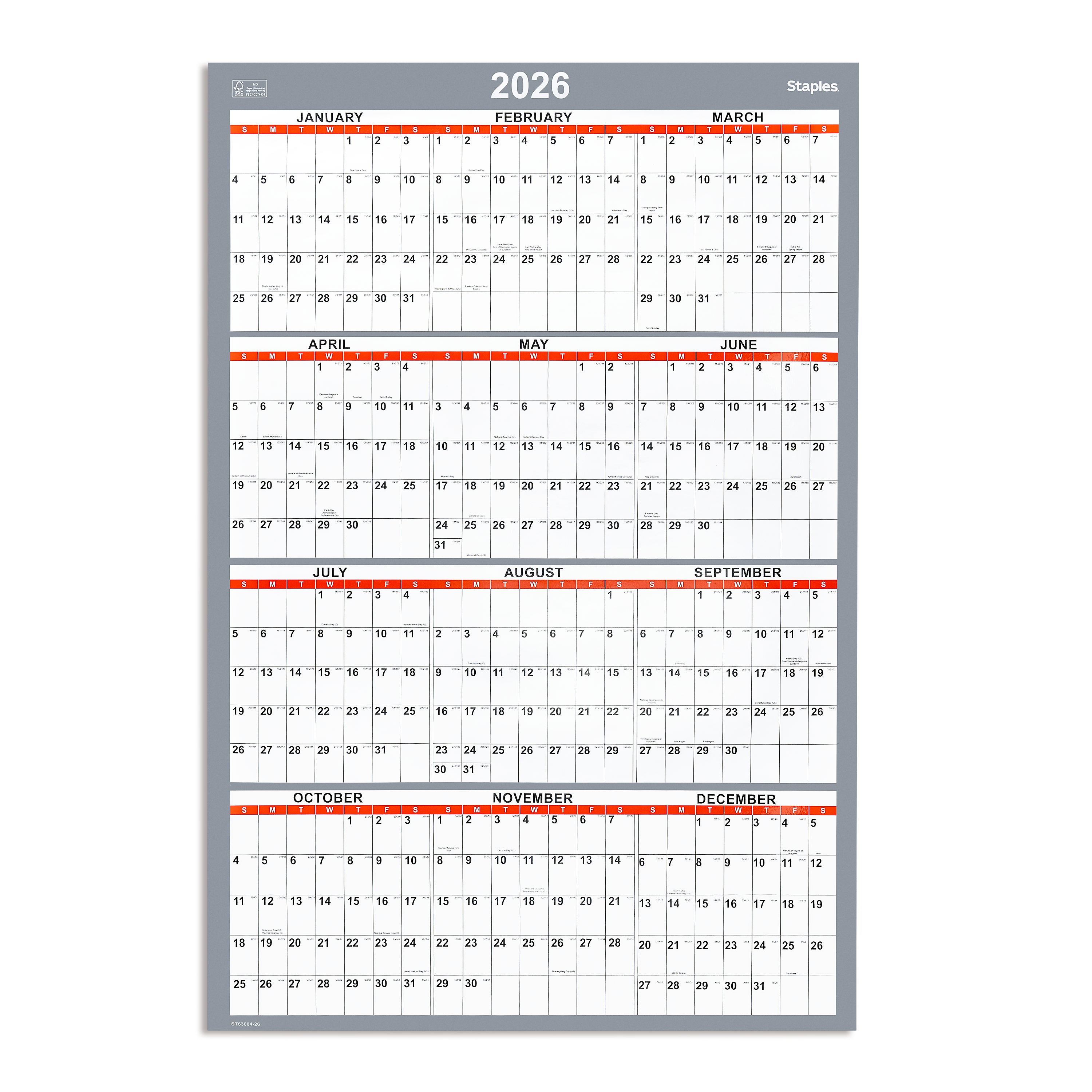 2026 Staples 36" x 24" Yearly Dry-Erase Wall Calendar, Reversible, White/Red/Gray (ST63004-26)