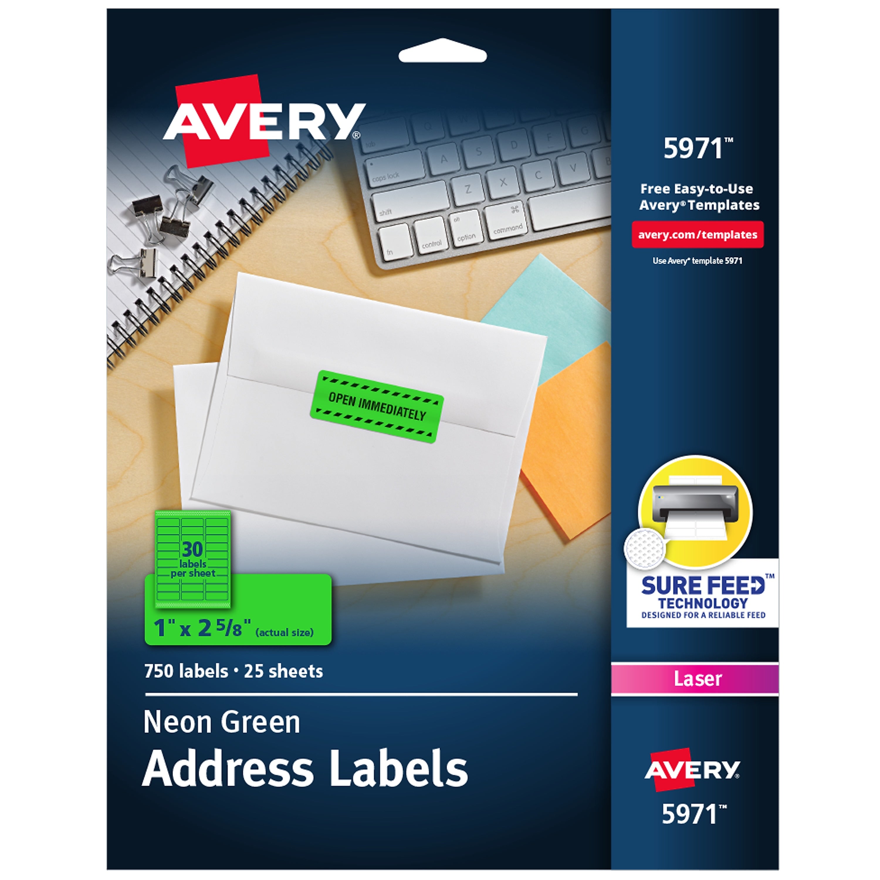 Avery Sure Feed Laser Address Labels, 1" x 2 5/8", Neon Green, 750 Labels/Pack (5971)