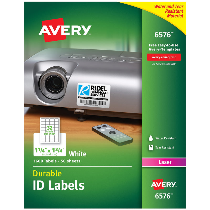 Avery TrueBlock Laser Durable ID Labels, 1-1/4" x 1-3/4", White, 1,600 Labels/Box (6576)
