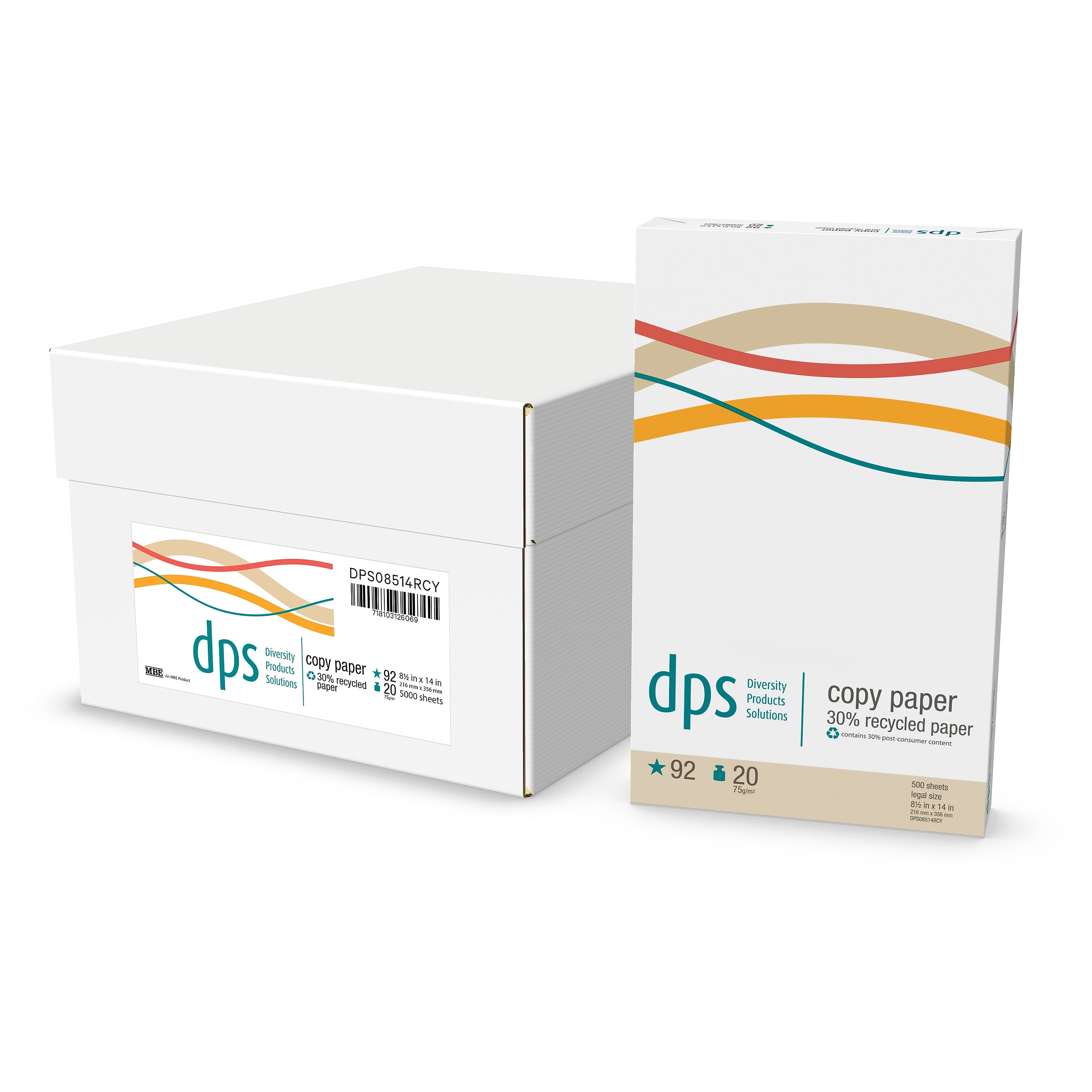 DPS by Staples 30% Recycled 8.5" x 14" Copy Paper, 20 lbs., 92 Brightness, 500 Sheets/Ream (DPS08514RCY-CC)