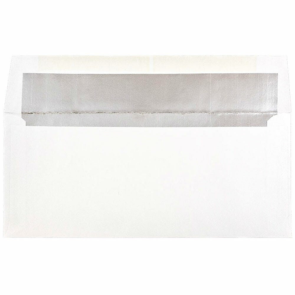 JAM Paper Booklet Envelope 3 7/8" x 8 1/8", White with Silver Foil, 100/Pack (32430263d)