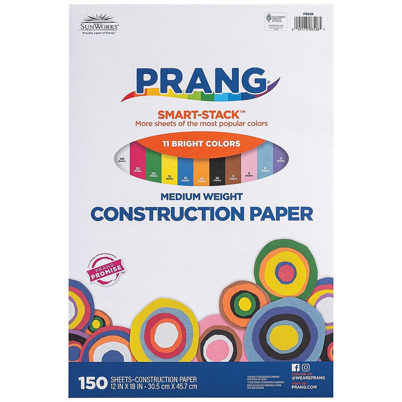Prang Smart Stack 12" x 18" Construction Paper, Assorted Colors, 150 Sheets/Pack (P6526)